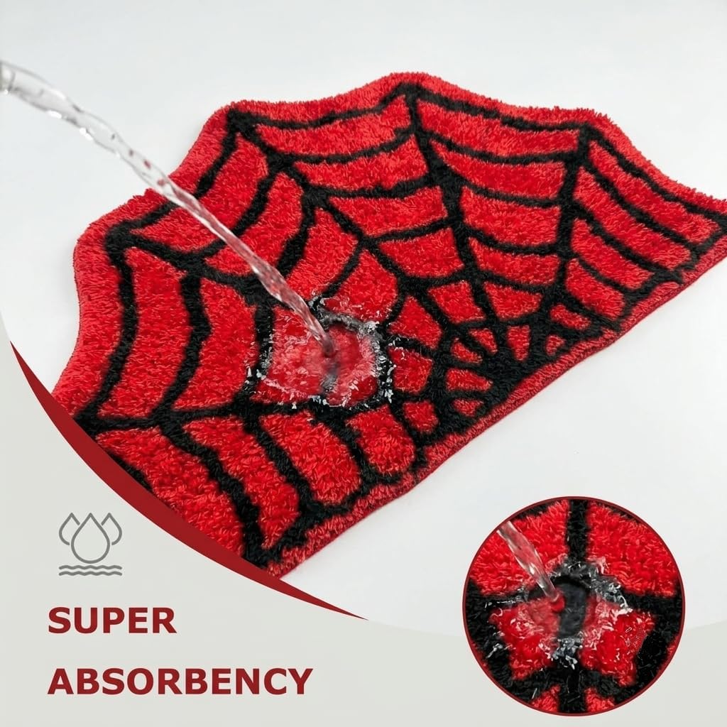 Spider Web Bathroom Rugs, Halloween Bath Mat Non-Slip Bath Rug Machine Washable Goth Rug, 31"×20" Small Area Rugs for Front Door Bedroom Kitchen（Red）