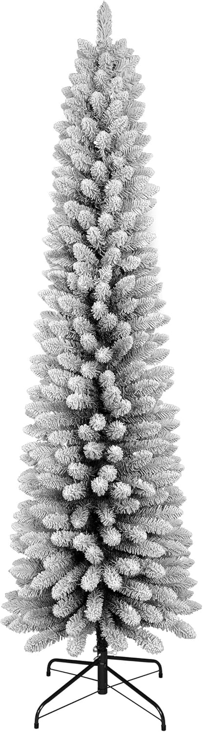 LAMPHOME 7FT Flocked PVC Pencil Tree - 469 Slim Tips, Wrap Design, Metal Stand for Small-Space Xmas