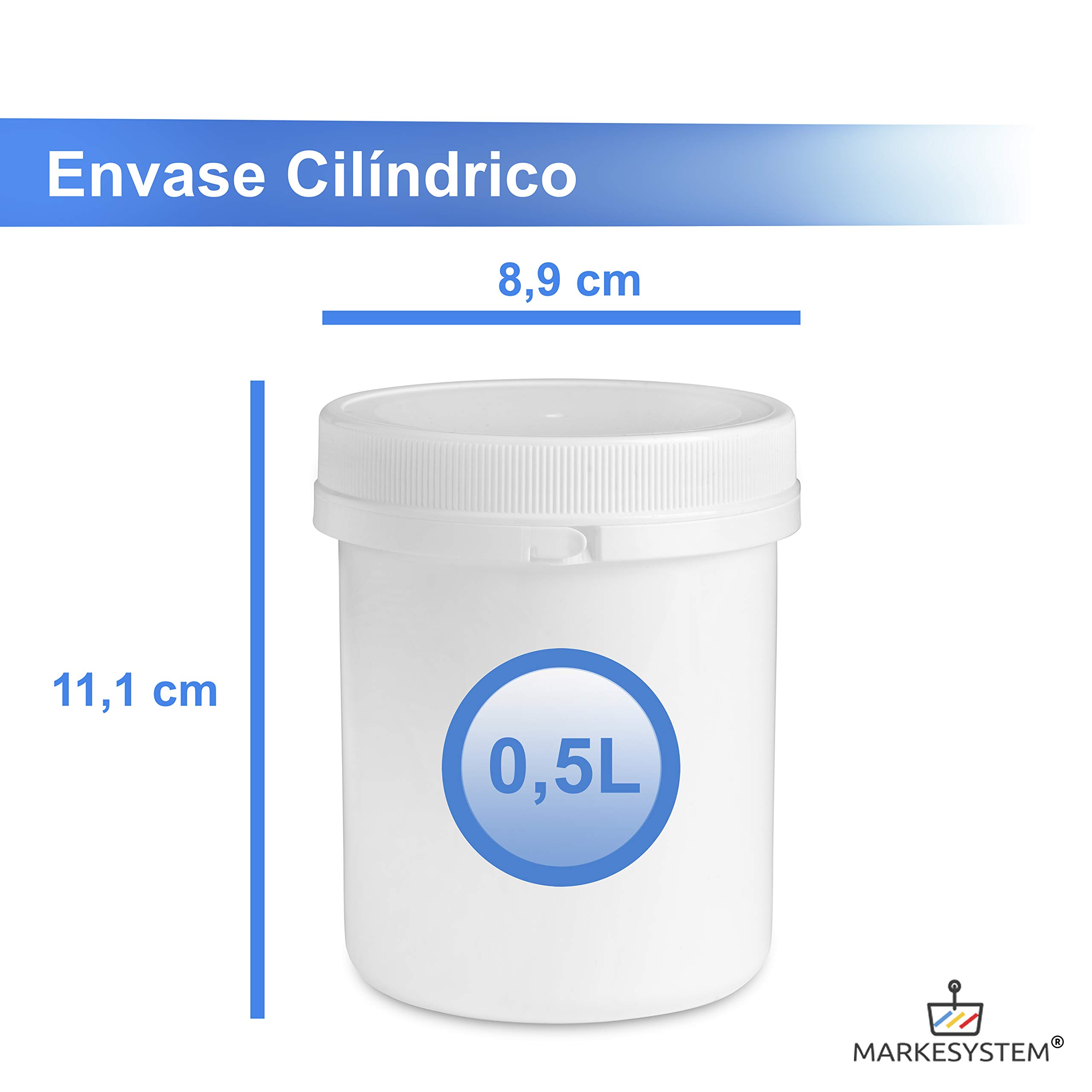 Bocal blanc 500 ml avec disque et scellé de sécurité - (PACK 5 TARROS) - Couvercle à visser - Récipient usage alimentaire, cosmétique et industriel + Kit étiqueté
