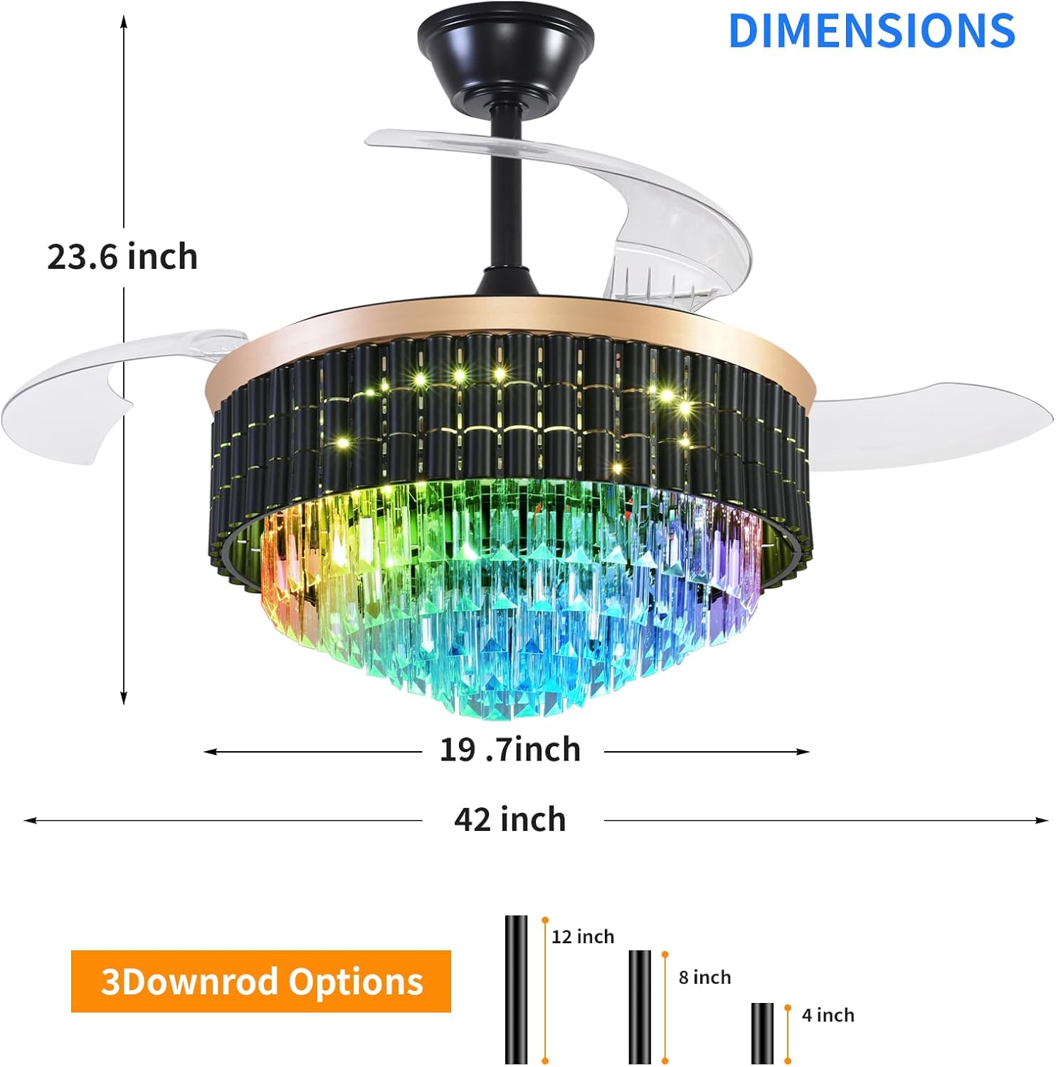 Retractable Ceiling Fans with Lights, Retractable Ceiling Fan with Lights and Remote, RGB Crystal Chandelier Fan 6-Speed APP Control for Bedroom, Living Room, Dining Room