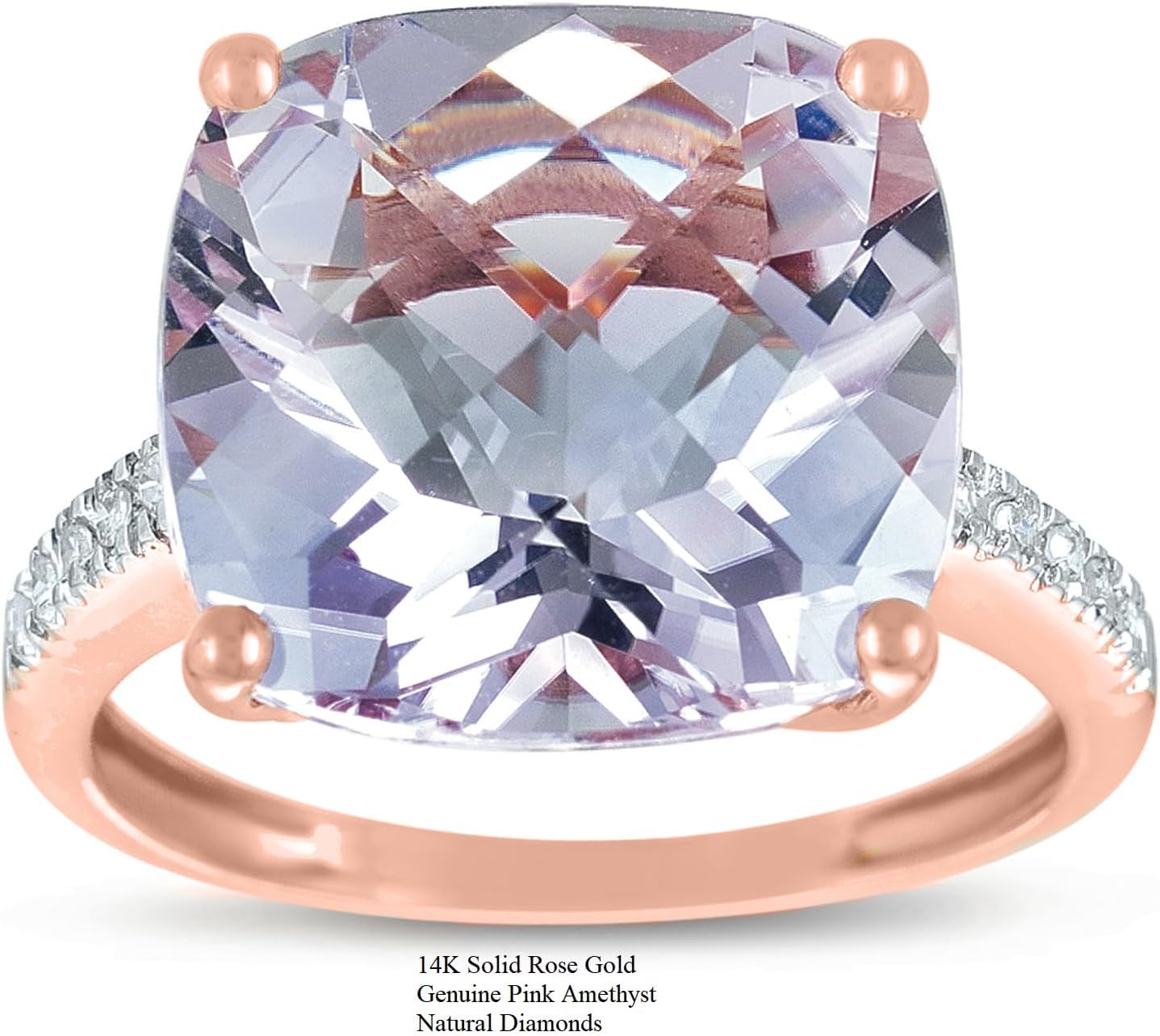 14K Rose Gold Genuine Pink Amethyst Cushion 9 Ct, Diamond Statement Ring - Image 3