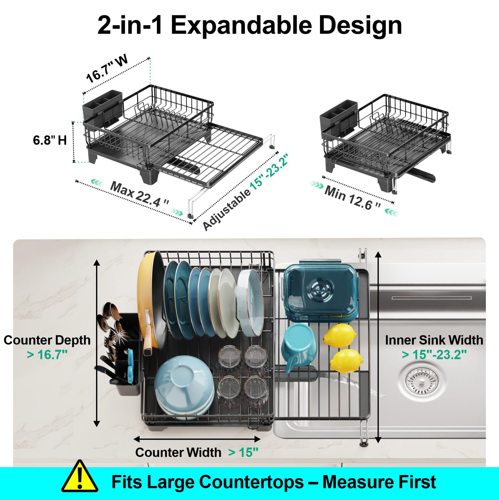 GSlife Escurridor de platos expandible con escurridor, multifuncional, 2 en 1, para encimera y fregadero de cocina, escurridor de platos grande con 2 ranuras para sartenes y soporte para utensilios,