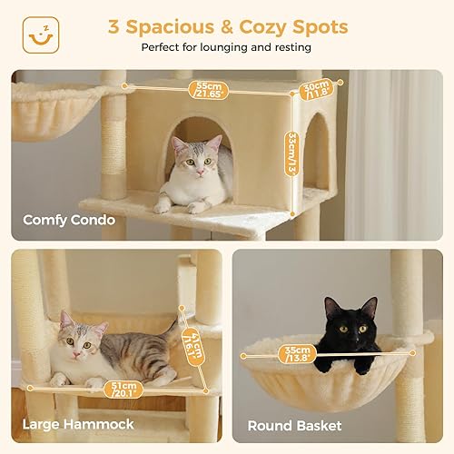 Miniatura 6 de PAWZ Road Árbol grande para gatos, torre para gatos de 73 pulgadas de alto con 1 percha acolchada grande, 2 hamacas espaciosas, 8 postes rascadores