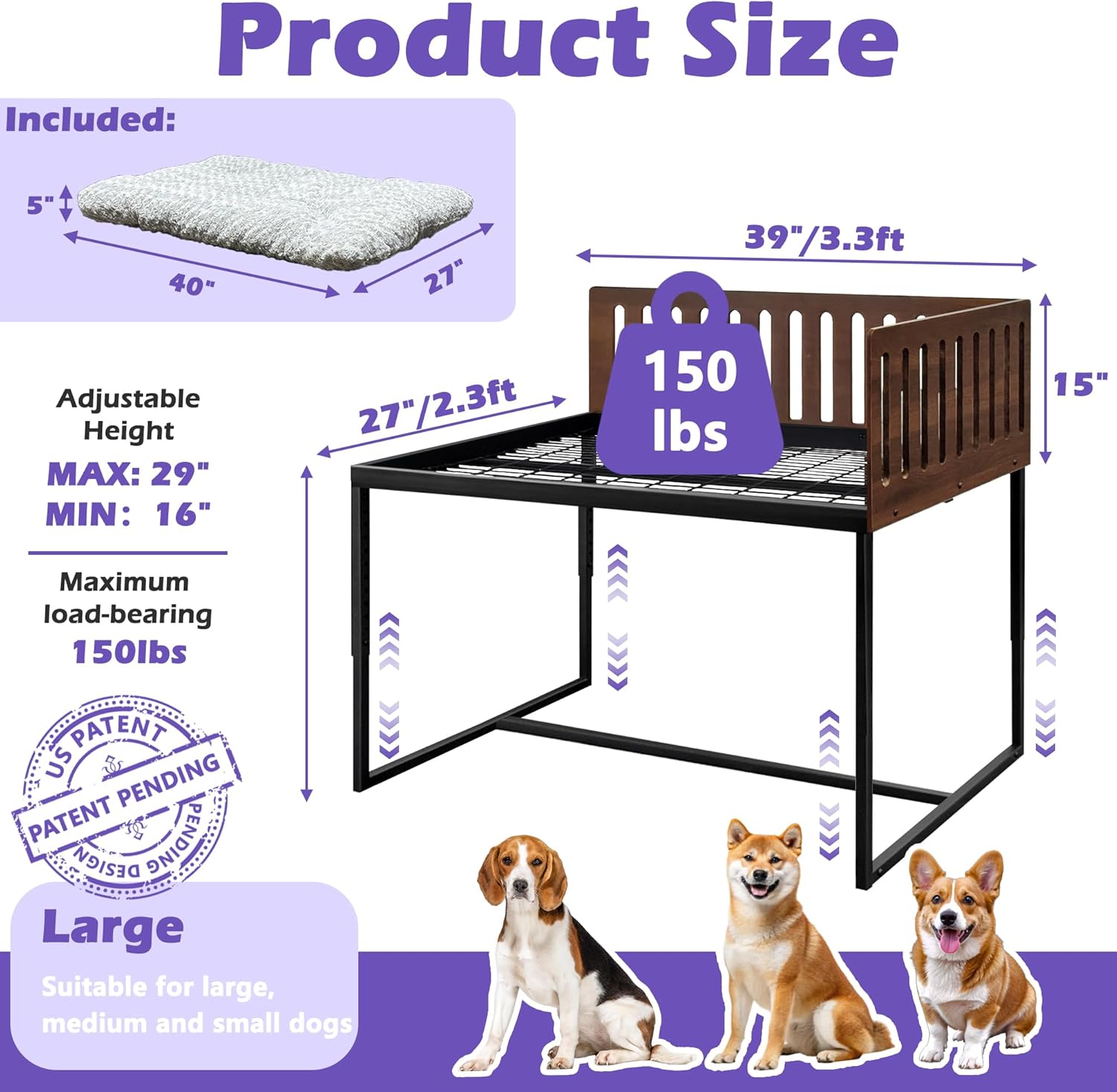 Beside Dog Bed,2 Wood Side Panel Adjustable Height Dog Bunk Beds,40.1''x28.1'' Metal Dogs Bed Frame with Cushion,Large