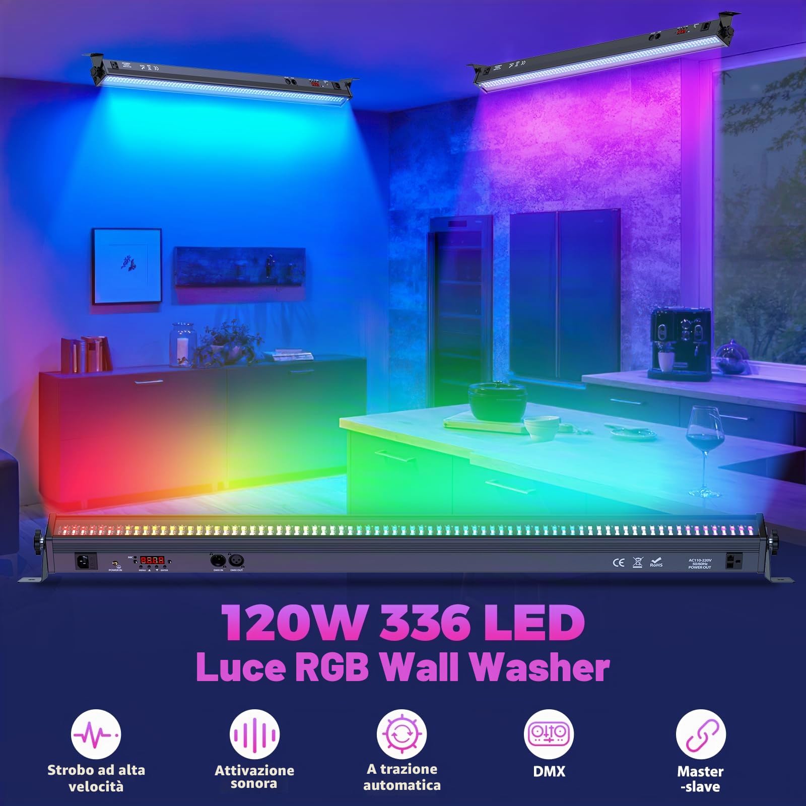 336 LED Wallwasher Barra Luminosa, U`King 120W RGBW Luce da Palcoscenico Luci Discoteca, Effetti Luce Strobo Faretto per DJ Nozze Feste Halloween Natale, 1 pezzo