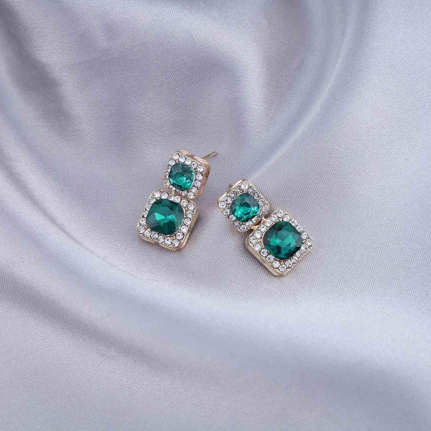 Vintage Emerald Square Drop Earrings Gold Halo Rhinestone Earring Green Crystal Earring Retro Cz Emerald Stud Earrings for Women - Image 3