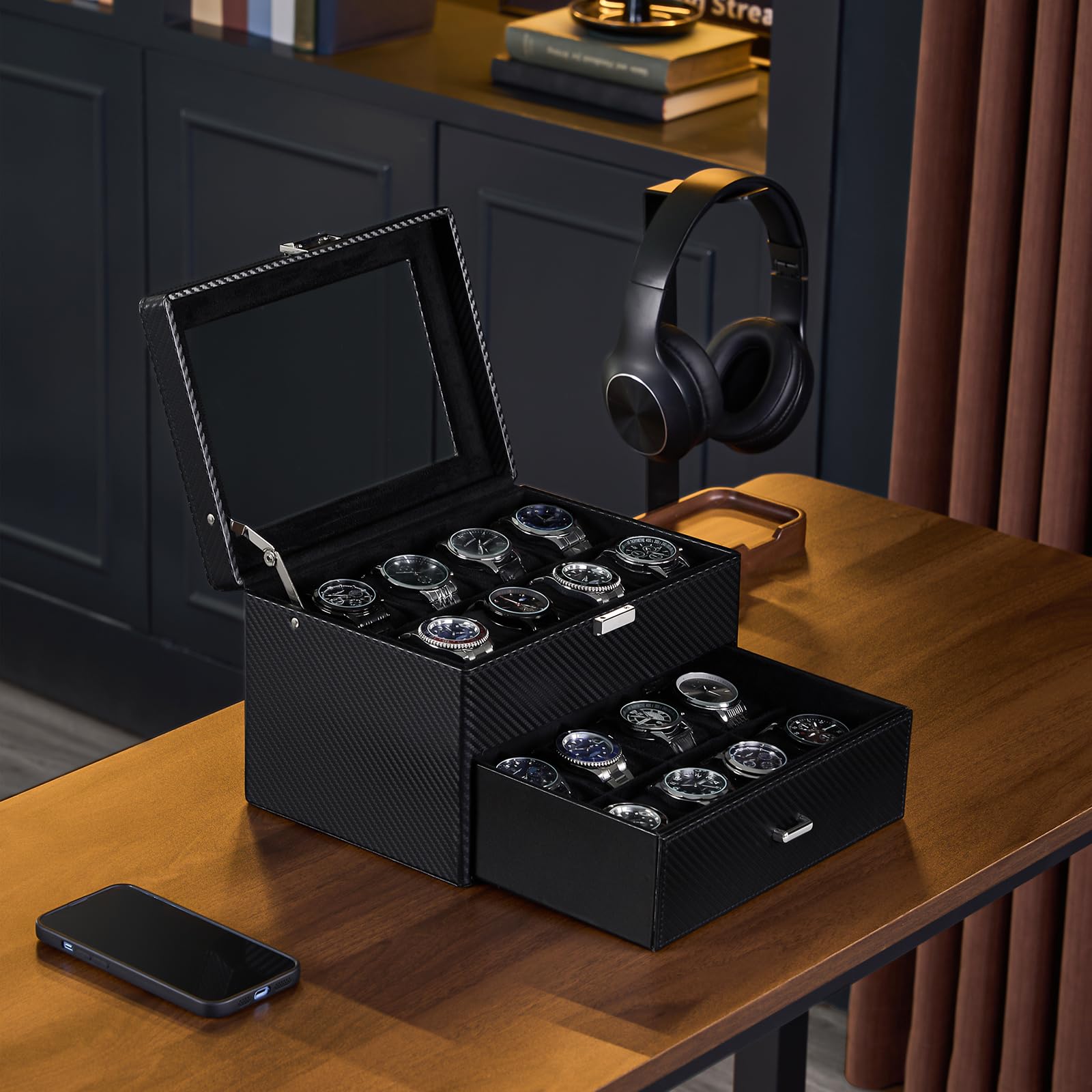 Caja para Relojes para Hombre, Organizador de Joyas con cajón, Estuche de exhibición con Tapa de Cristal - Totalmente Negro, 16 Ranuras