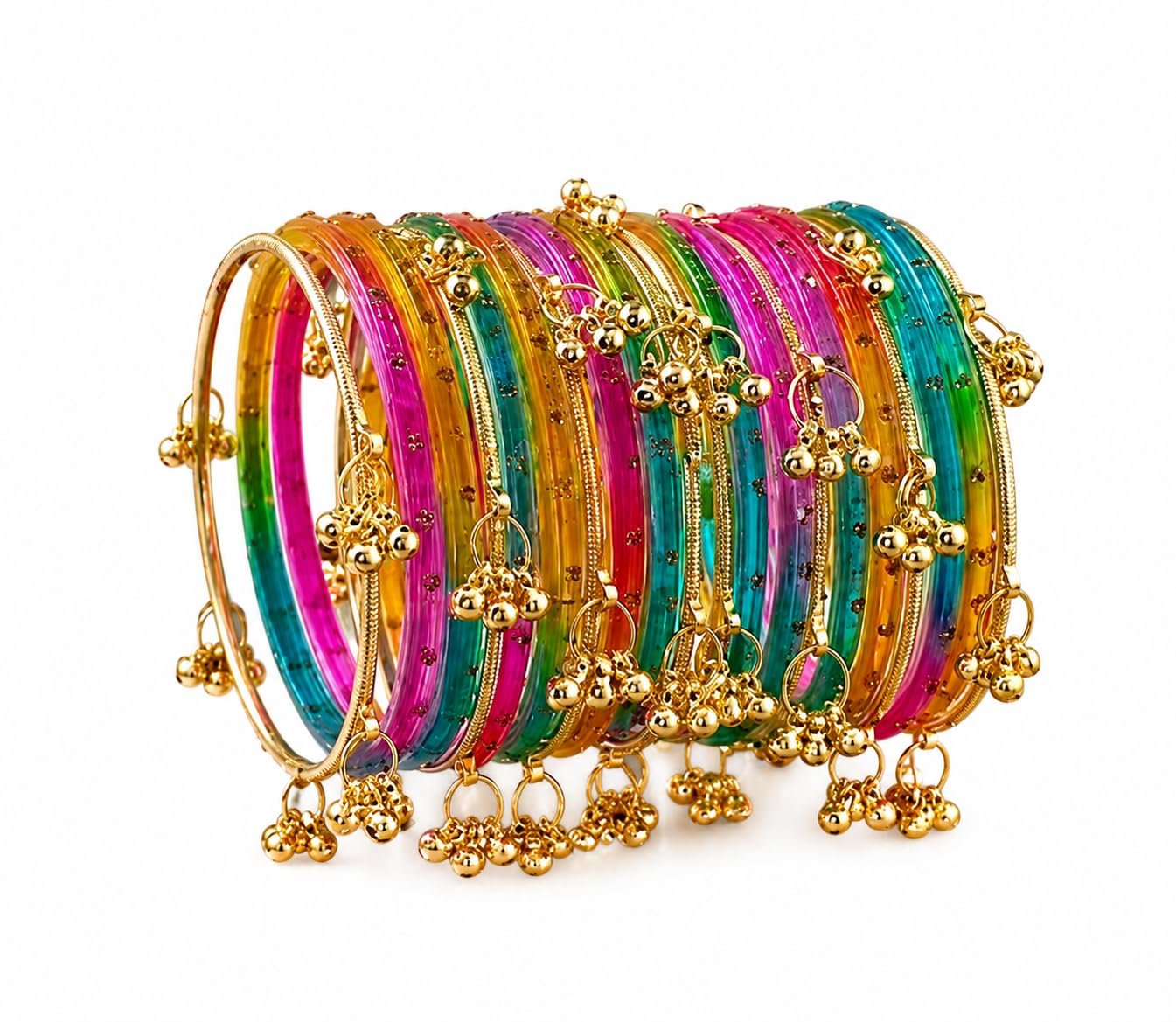 Multicolour Glass Bangles with Gold Tone Ghungroo Bells, Traditional Indian Style, Set of Bangles (Pack of 20)-image-22