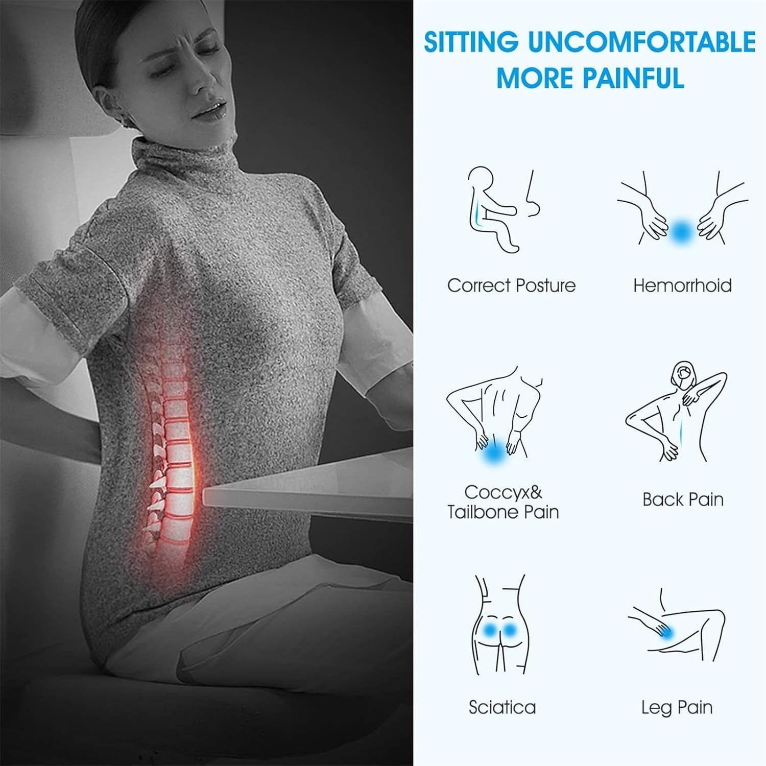 Feagar Cuscino per Sedile - Cuscini Ergonomico Sedile per Coccige Sciatica Lombare - Cuscino Memory Foam per Ufficio Casa Auto Sedia a Rotelle, Nero