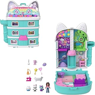 Polly Pocket Coffret Gabby et la Maison Magique, Mini-Figurines et Coffret de Jeu, 9 Accessoires à thème, Chats Pandy Pattes, Ptichou et Marine, JFV02