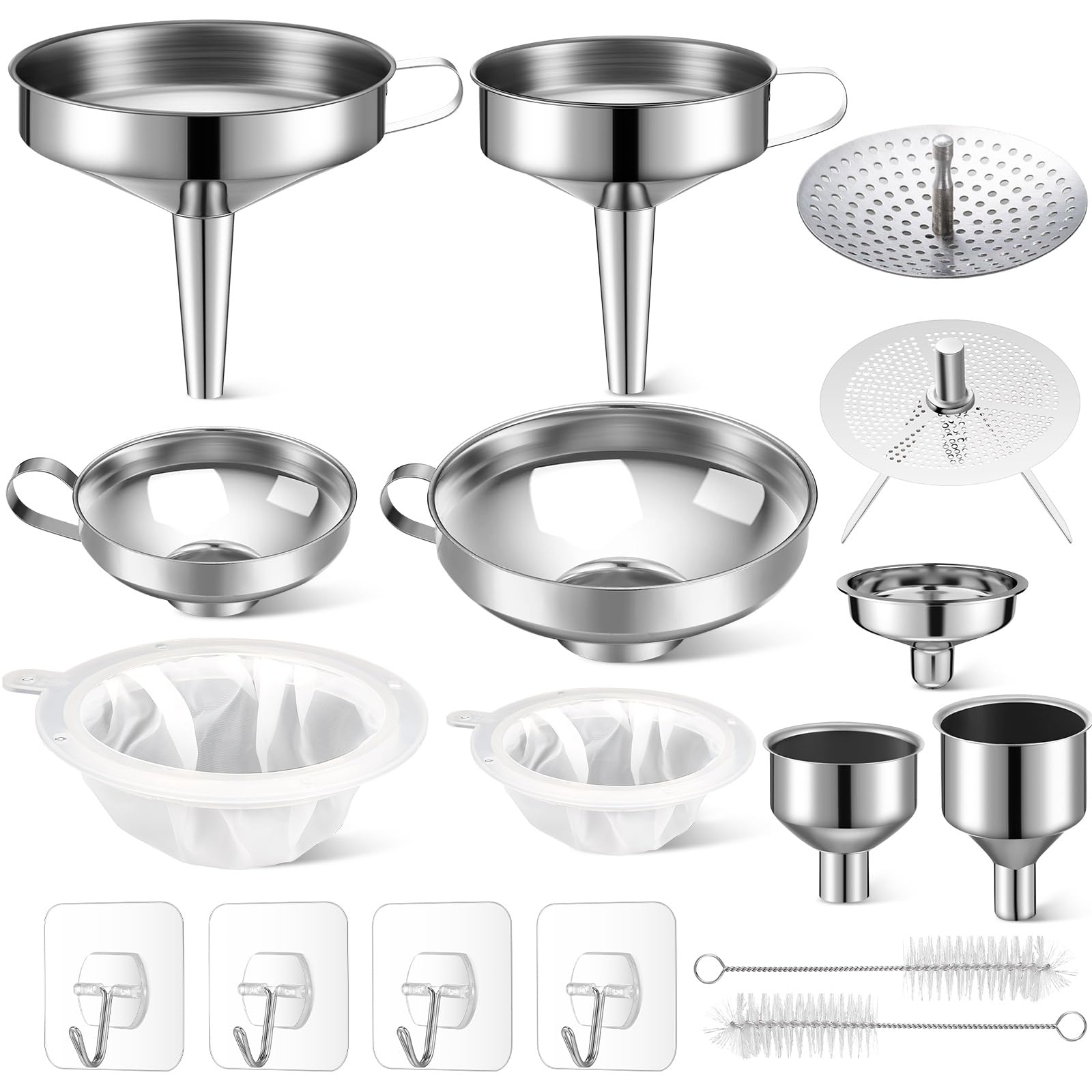Baderke Juego de 17 embudos de acero inoxidable de boca ancha, embudos de metal con colador, embudos de cocina para rellenar tarros de masón, cepillos de filtro de malla y ganchos adhesivos, color