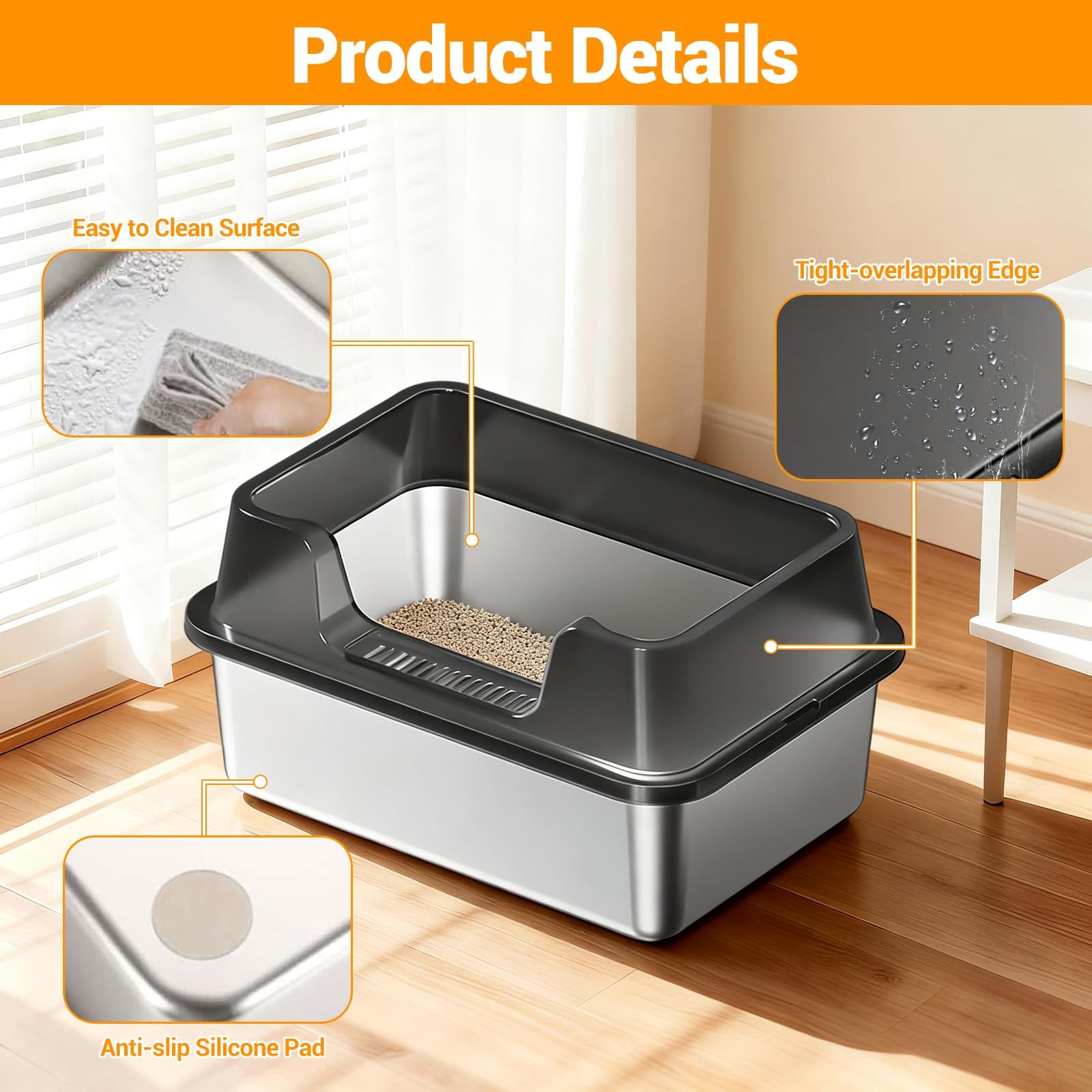 Stainless Steel Litter Box, XL Enclosed Cat Litter Boxes with Lid for Big Cats and Multi-Cats, High Sided, Anti-Urine Leakage Non-Stick Bottom Include Scoop Easy to Clean - image 4