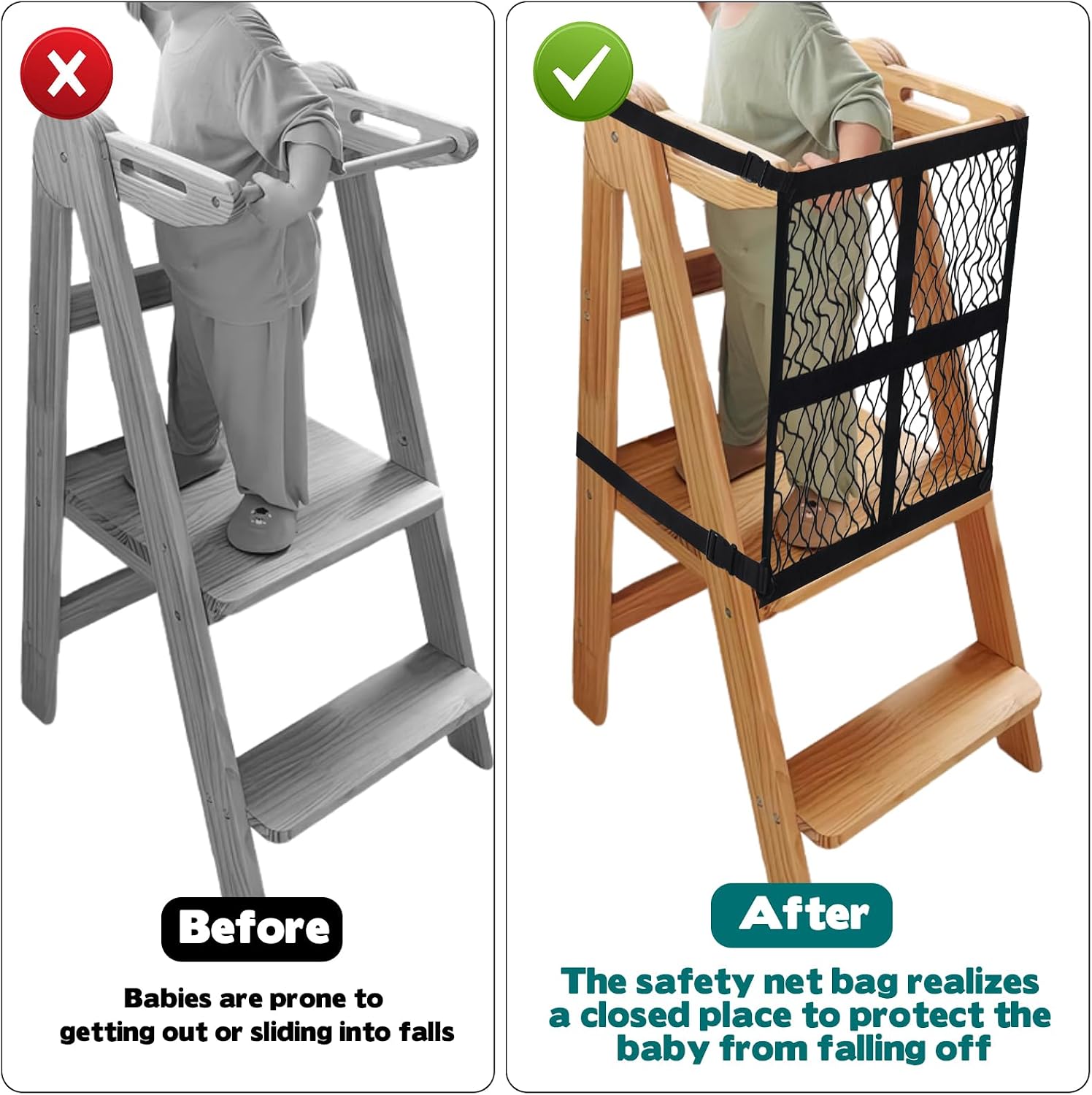 Rainmae Toddler Learning Tower Safety Net, Safety Net Guard for Toddlers Tower, Adjustable Step Tool Toddlers Tower Net with Four Sided Protection, Safety Netting for Kids Play, Enhanced Safety