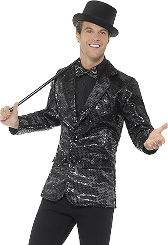 Smiffys Chaqueta de lentejuelas, negro, para hombre Halloween, Carnaval