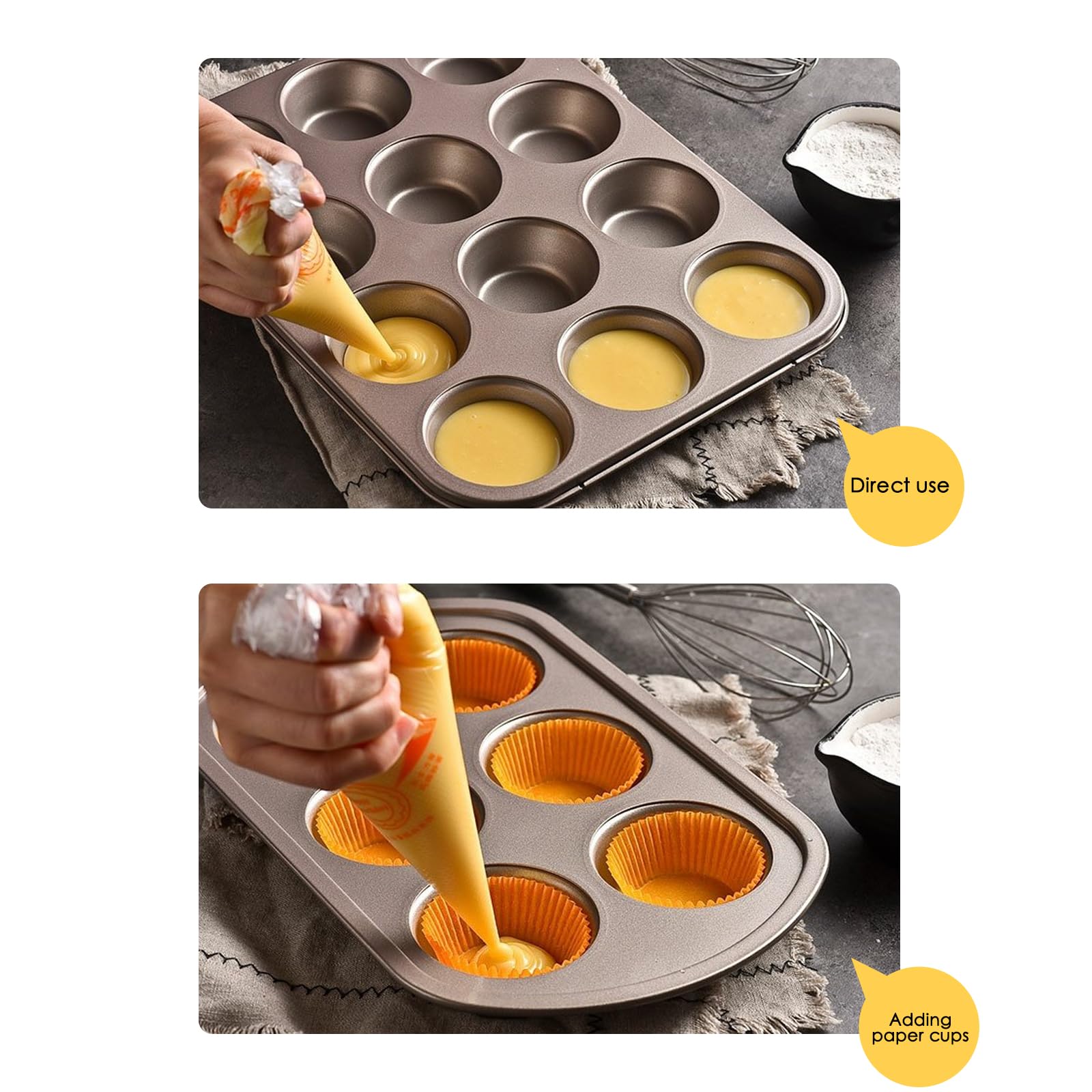 Molde para magdalenas para hornear, molde antiadherente para magdalenas, 12 tazas, paquete de 2 bandejas para tartas, moldes para tartas de queso de primera calidad, color dorado
