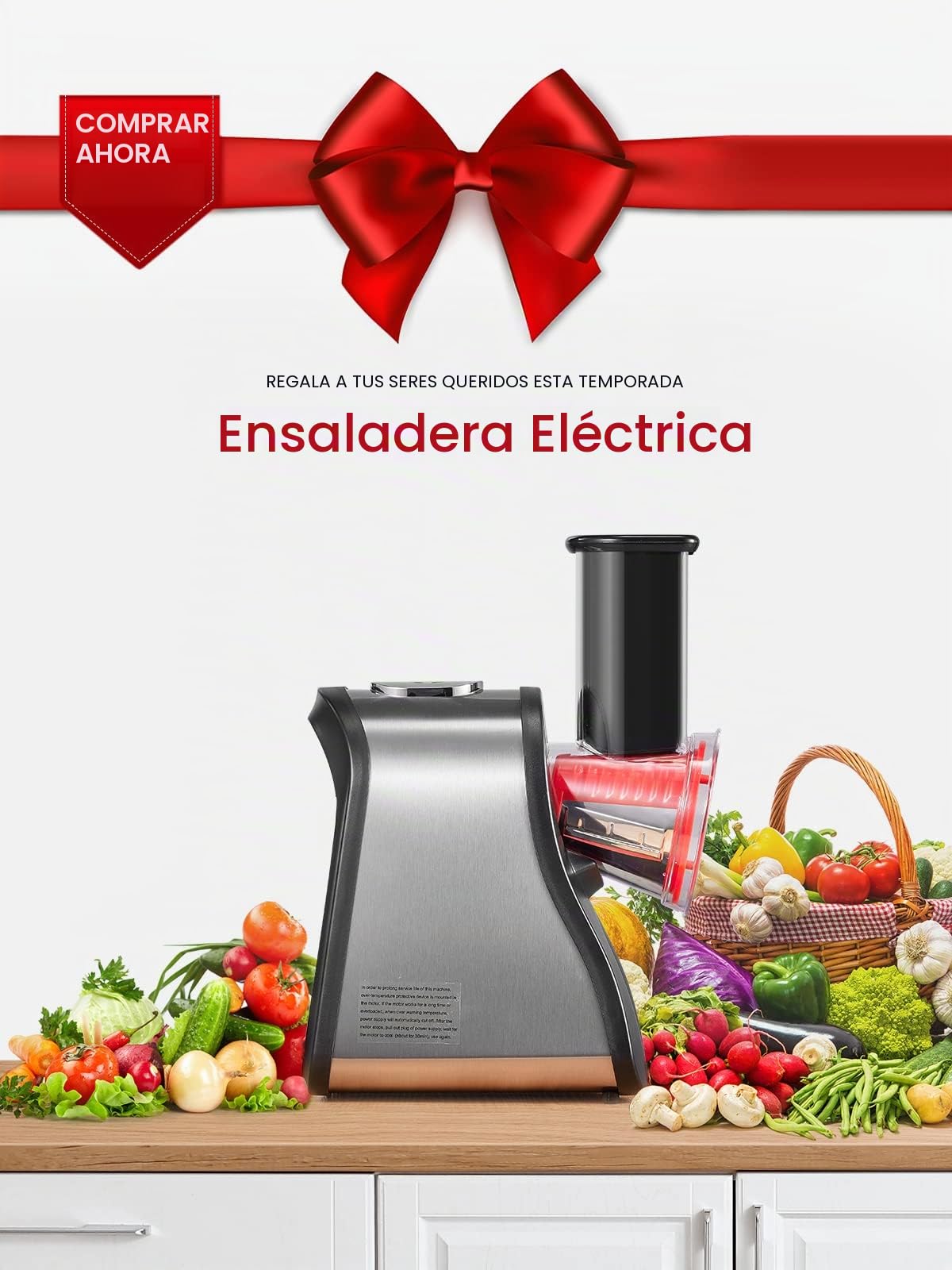FOHERE Rallador Eléctrico, Cortador de Verduras Eléctrico con 3 Conos | para Cortar en Rodajas, Tiras o Ralla, Operación de un Solo Toque, Fácil Limpieza, Rojo