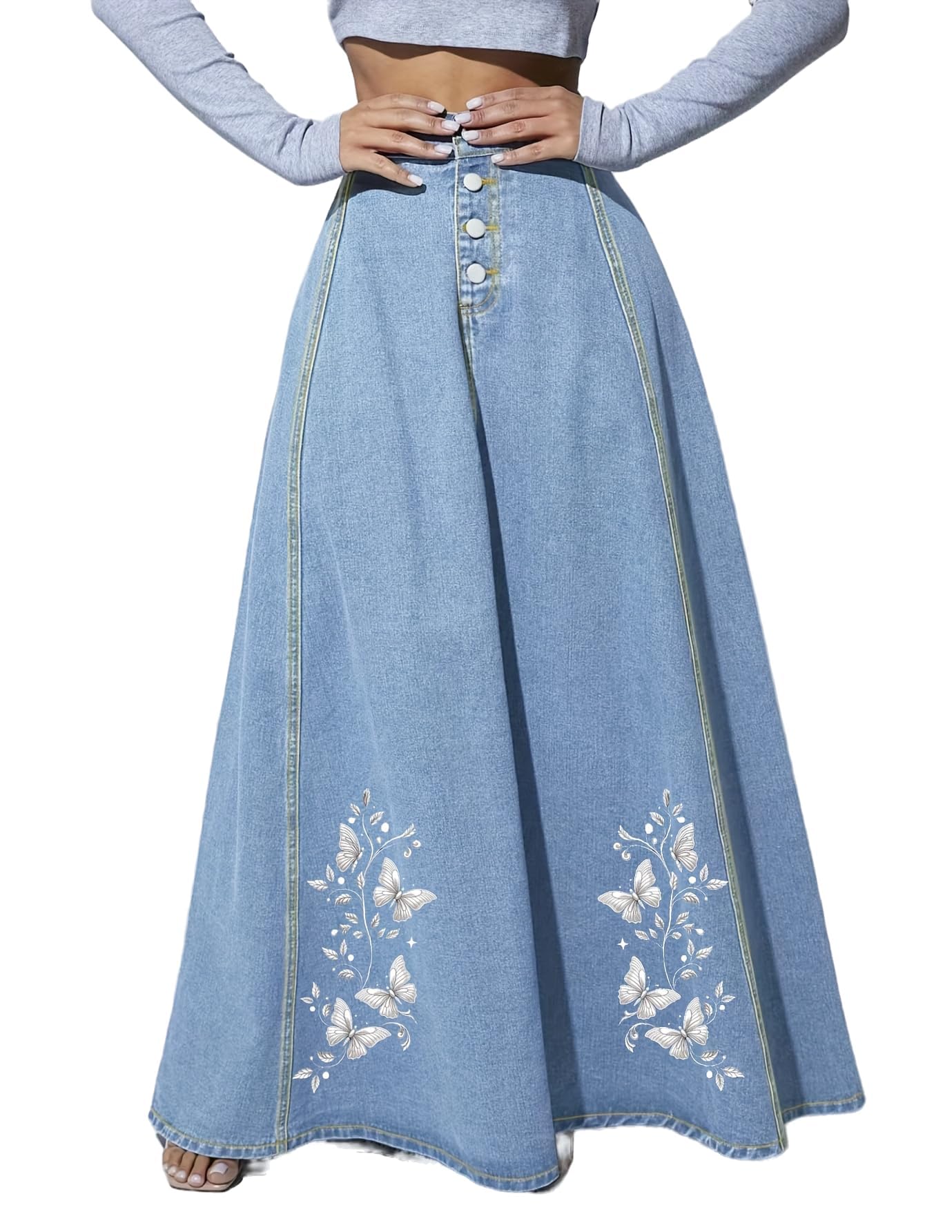 Tozamil Long Flowy Embroiderd Skirts for Women A-line high-Waisted Denim Maxi Skirt Cute Jean Skirt for Women