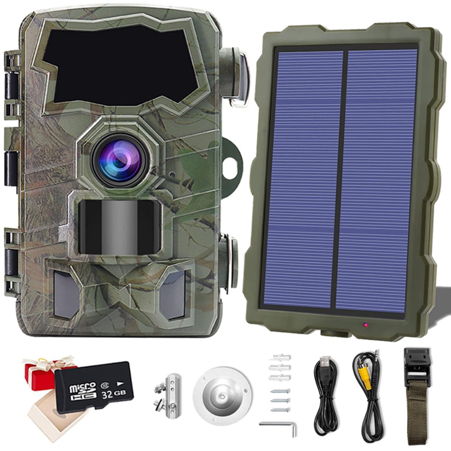 WiFi Trail Camera 4K 32MP 1080P Bluetooth Wildlife Game Cameras with Night Vision 65 ft 0.2s Motion Activated IP66 Waterproof Hunting Scouting Cam with Portable Solar Panel and 32GB Card