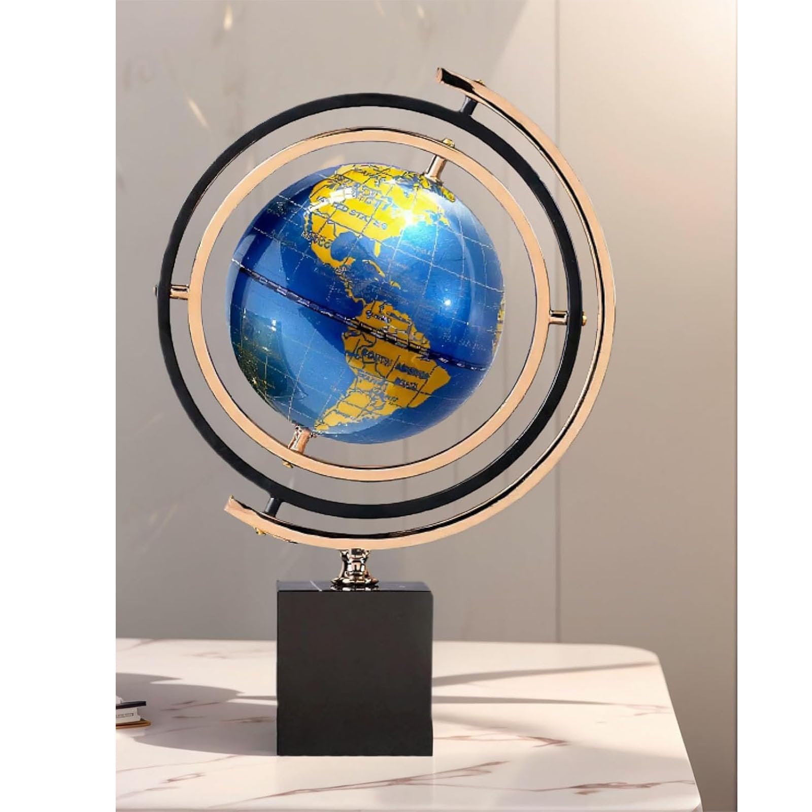 Decorazione Artistica Moderna Astratta Globo in Metallo con Base Rettangolare Stand Oro e Nero,Decorazione Per Scrivania per Casa e UfficiCo (Globo blu)