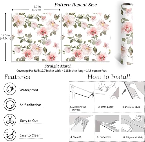 Miniatura 8 de VEELIKE Papel tapiz floral rosa suave de 17.7 x 118 pulgadas, papel de contacto floral de peonías vintage para paredes, armarios, estantes,