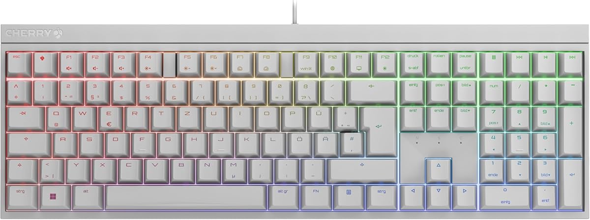 CHERRY MX 2.0S, Mechanische Gaming-Tastatur mit RGB-Beleuchtung, Deutsches Layout (QWERTZ), Kabelgebunden, Designed in Germany, MX Brown Switches, Weiß