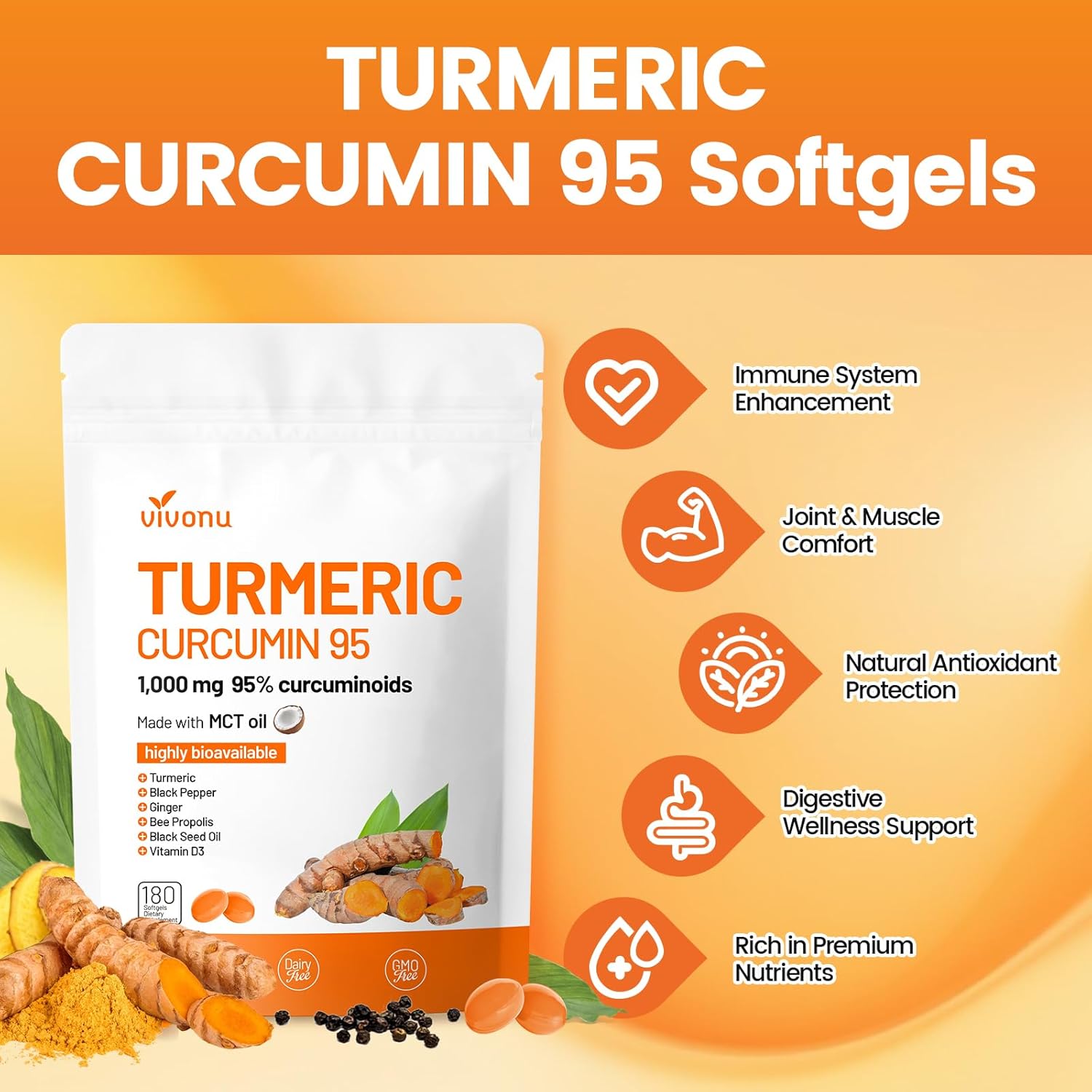 10-in-1 Turmeric Supplement Softgels, 95% Curcumin for 1000mg, Made Mct Oil, 60-Day Supply with Black Pepper, Ginger, Propolis Powder, Black Seed Oil, Saw Palmetto Oil, Zinc, Vitamin D3, E, More 4 Bag