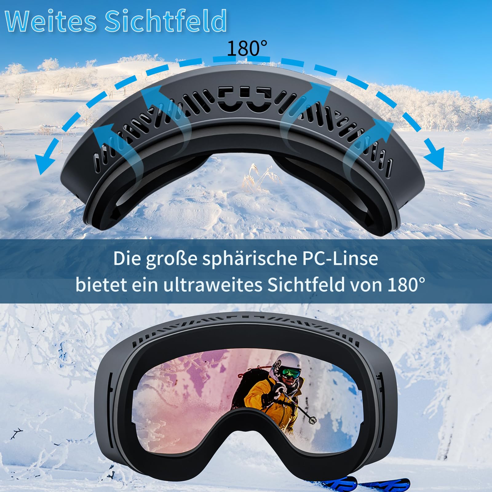 Yeerain Occhiali da sci unisex, da donna, per chi indossa occhiali, design OTG, protezione UV, occhiali da neve, anti-appannamento, sferici, riflessi per ragazzi e ragazze