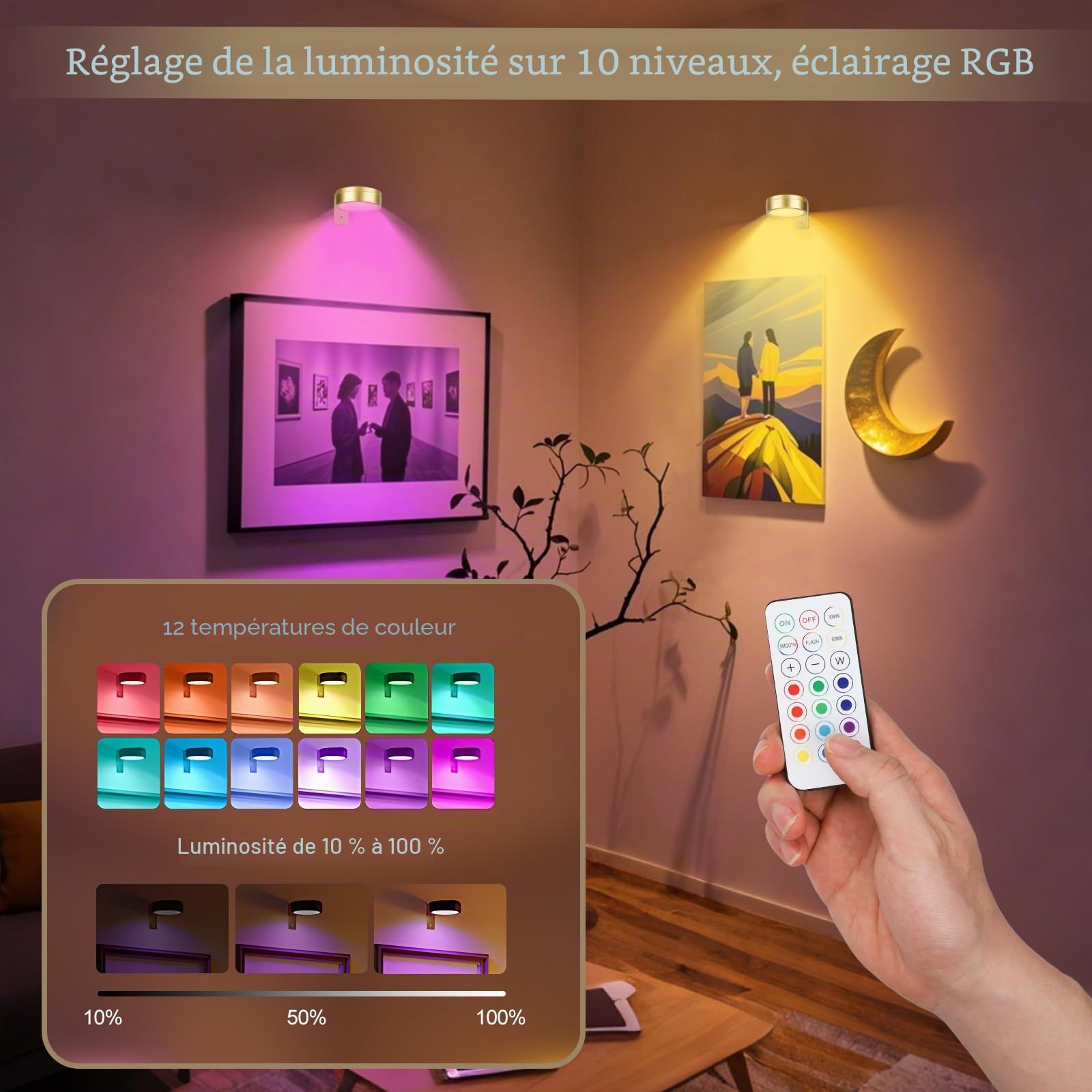 Applique murale pour tableaux sans fil – Lot de 3 appliques LED à piles pour œuvres d'art, éclairage magnétique pour tableaux sans fil avec 13 couleurs RGB et fonction de réglage de la luminosité