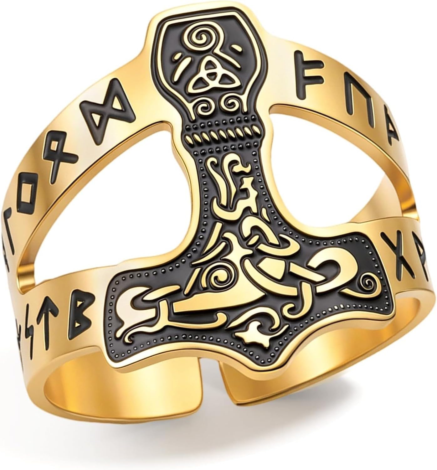 XIUNYIE Viking Thor's Hammer Ring for Men Women Stainless Steel Norse Mjolnir Rings with Runes and Celtic Knot Mythology Amulet Pagan Jewelry Gift, Gold