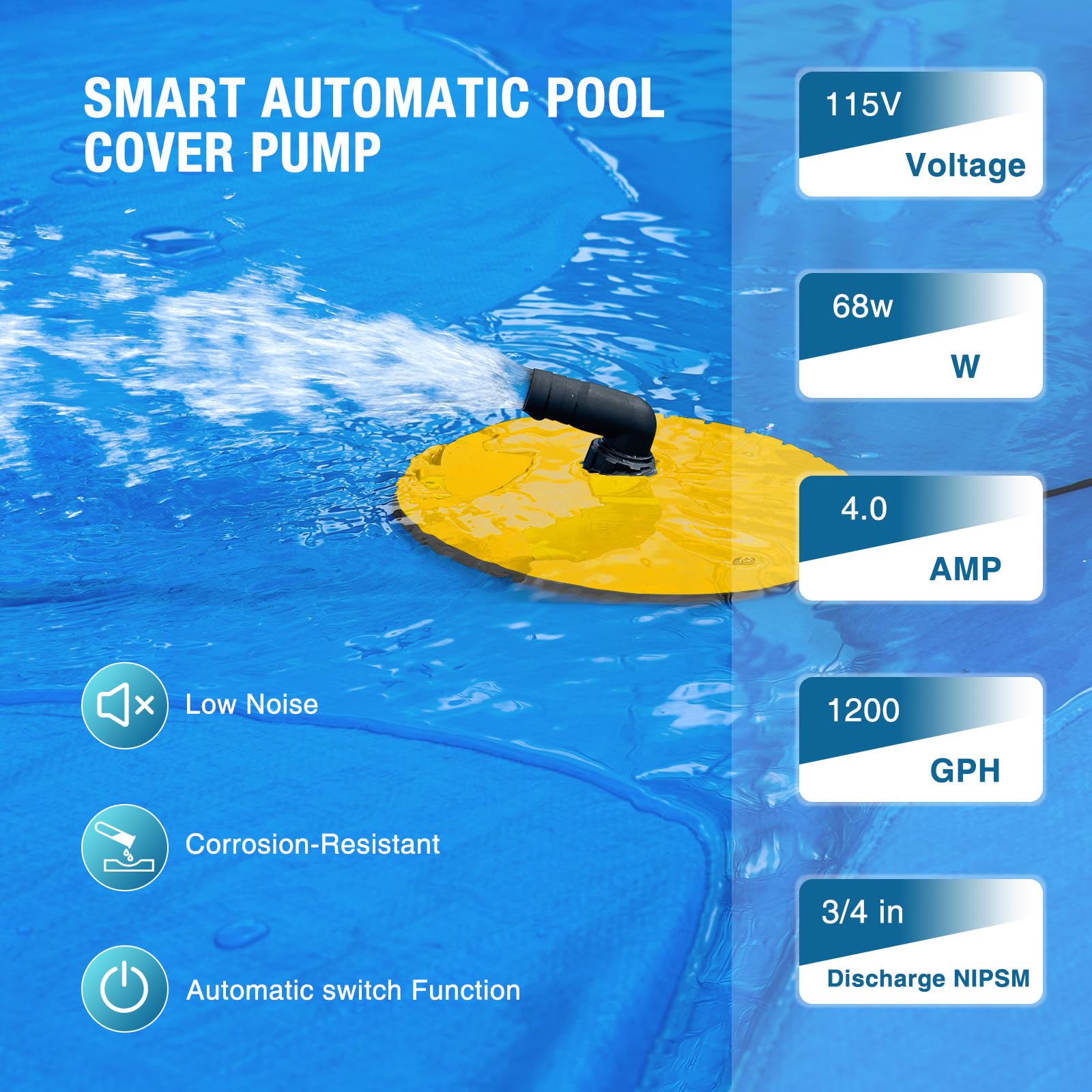 Crestwave Pompe automatique de couverture de piscine, pompe à eau submersible 115 V pour drainage de piscine, cordon d'alimentation de 7,6 m, évacuation de l'eau pour piscine, jacuzzi, aquarium, étang