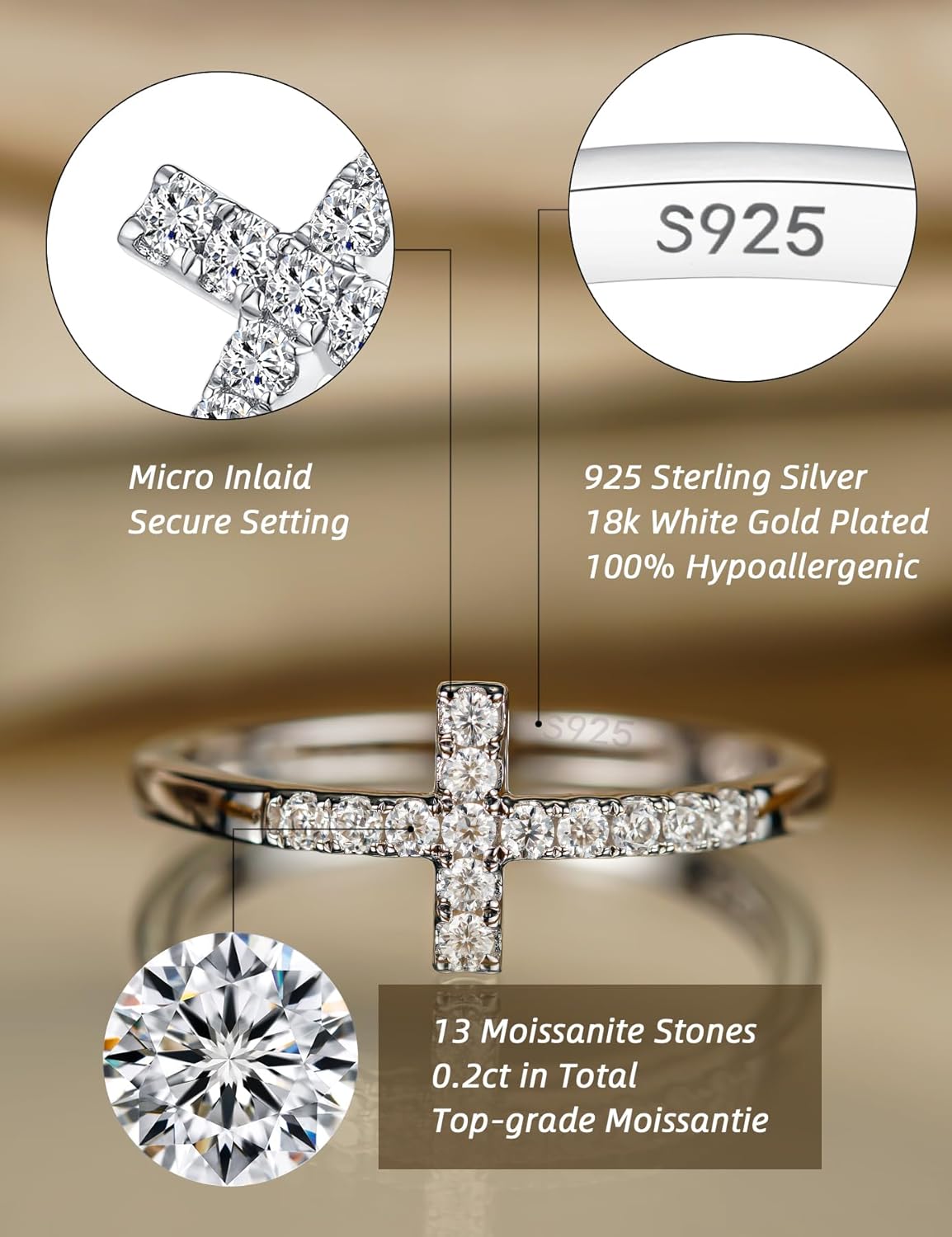 IMOLOVE Moissanite Wedding Bands for Women, Dainty 0.2 Carat Cross Purity Rings for Women Everyday Fashion Silver Moissanite Rings for Women with 18K White Gold Plated Size 4-11 - Image 2