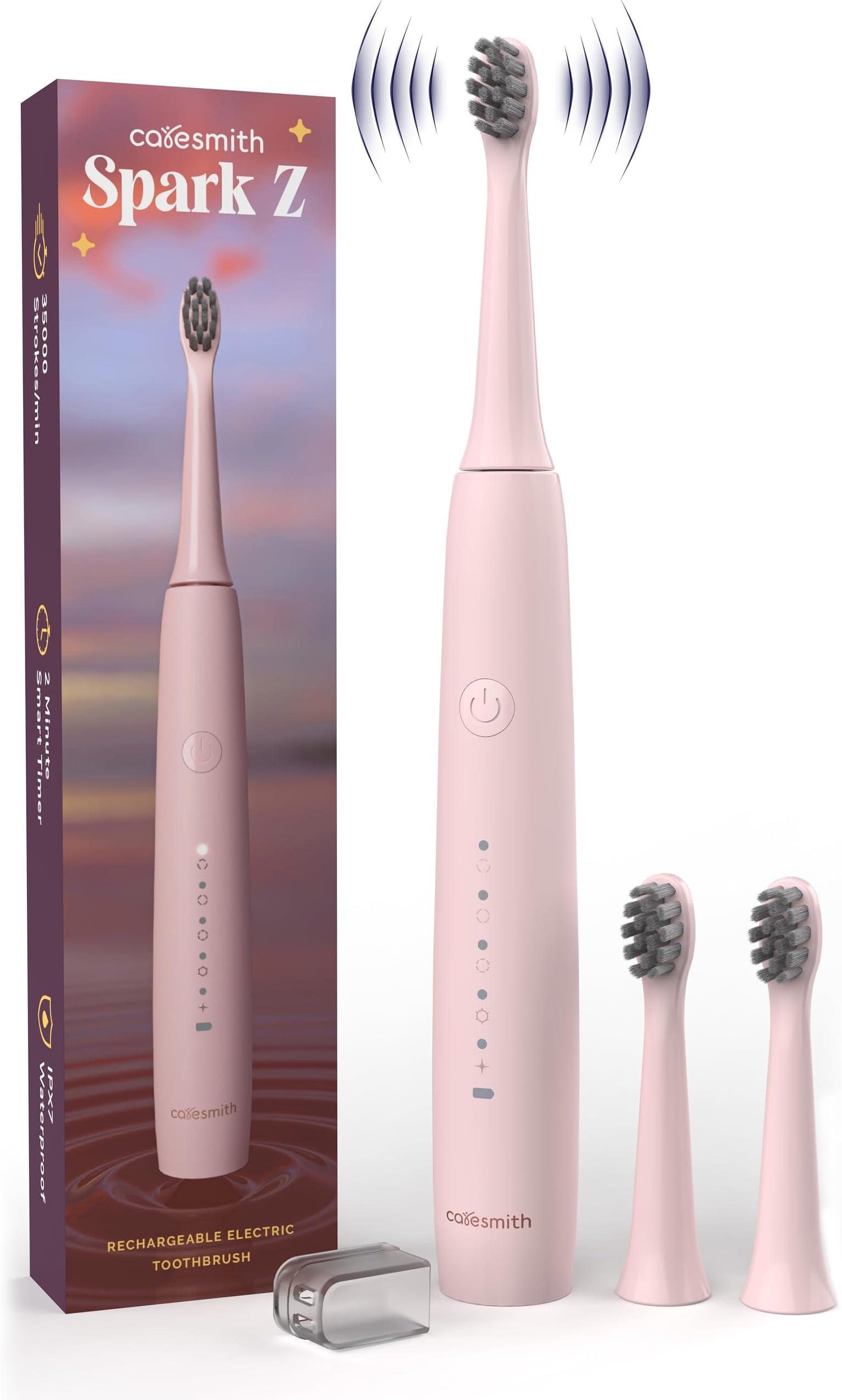 Caresmith Spark Z Electric Toothbrush | 3 Brush Heads With Cover | 35000 Sonic Vibrations | Toothbrush Electric Adult | Electric Toothbrush for Men & Women | USB Type C | (Sunset Pink) IPX7 Waterproof