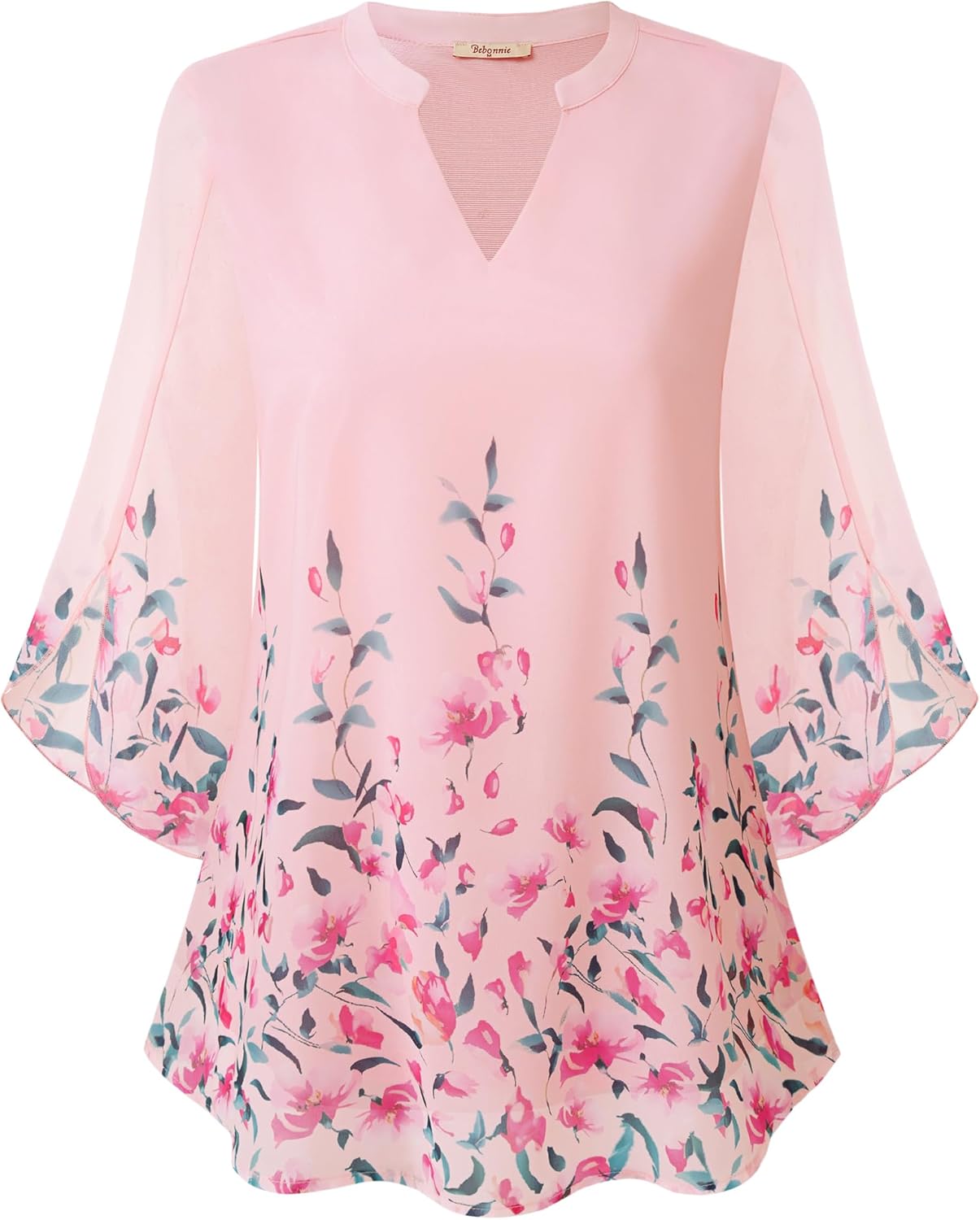 Bebonnie Womens Tops Dressy Casual Ruffle 3/4 Sleeve V Neck Double Layers Chiffon Blouses Tops - Image 3