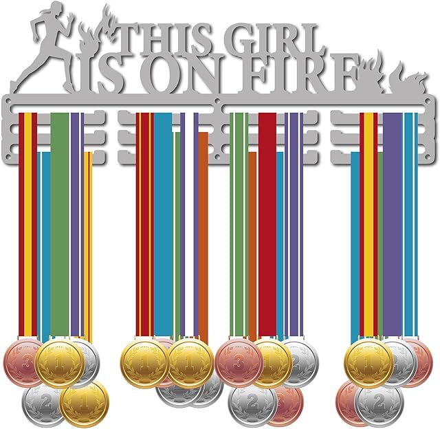CREATCABIN Running Medal Hanger Display Sports Medal Holder Over 60+ Medals Award Iron Rack Frame Wall Mount Hanging Decor for Women Medalist Runner Marathon Athlete Silver 15.7 x 5.9 Inch