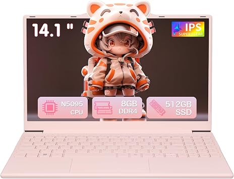 Auusda 14.1" FHD Light Pink Laptops Business & Student Laptop Computer, 4-Core 2.9GHz N5095, 8GB RAM 512GB SSD Numeric Keypad, Standard HDMI Lightweight & Slim Portable, Win11 Pro,