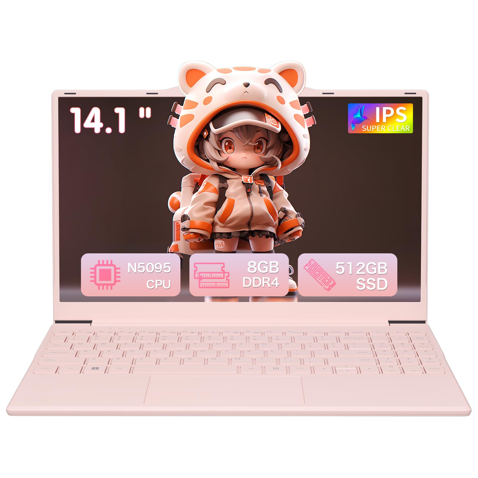 Auusda 14.1" Pink Laptop Computer with 2K Display, N5105, 32GB RAM, 1TB NVMe SSD, Type-C, HDMI, Backlit Keyboard Student Laptops Fingerprint, Win11 Pro Business Laptops 2 Years Warranty