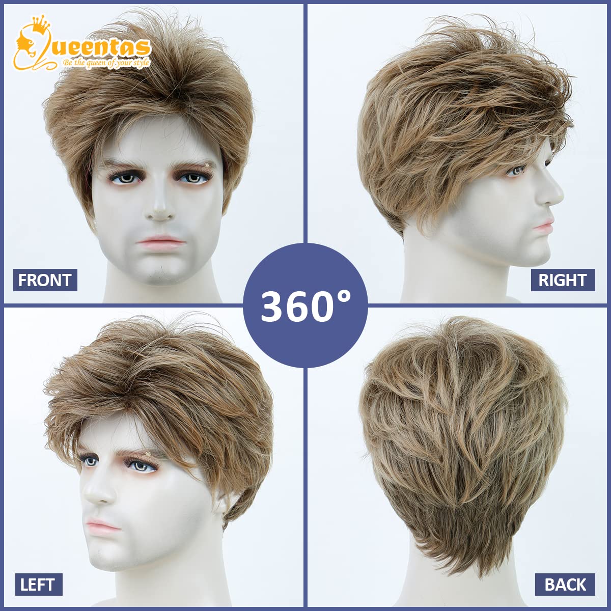 Perruque Courte Pour Homme En Cheveux Naturels - Couleur Brun Clair Avec Mèches Blanches, Style ALAN, Origine Pérou