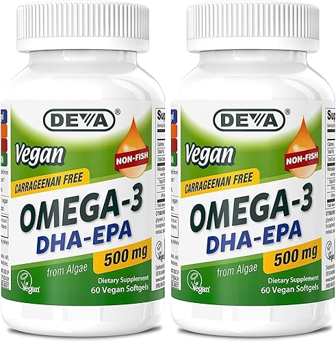 DEVA Vegano Omega-3 DHA-EPA 500 mg paquete de 2 Sin carragenina, aceite de pescado derivado de algas, sin OMG, 60 cápsulas blandas sin gelatina Ea