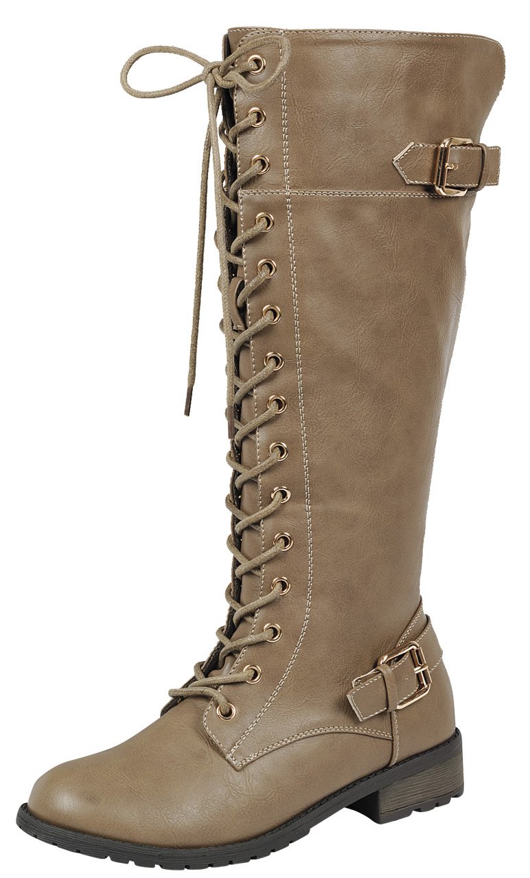 Forever LinkWomen's Strappy Lace-Up Knee High Combat Stacked Heel Boot