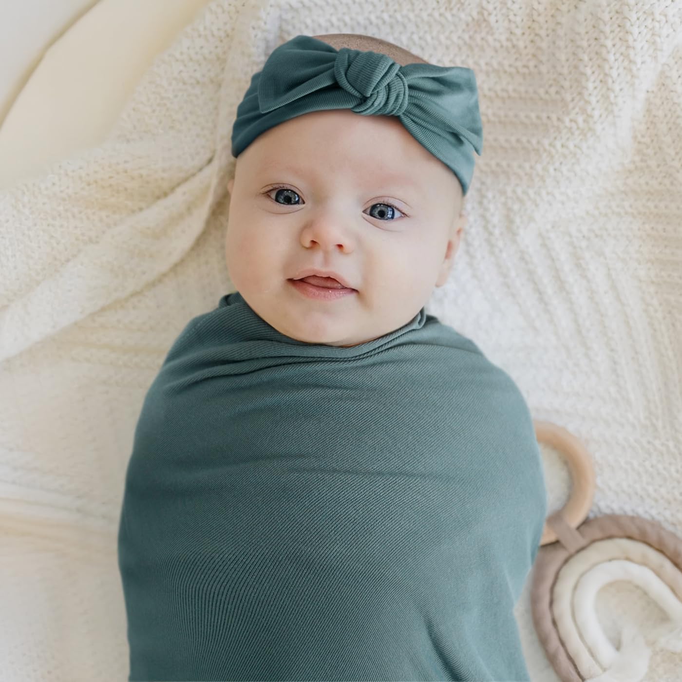 GRSSDER Newborn Swaddle Blanket, Ultra Soft Jersey Receiving Blanket with Matching Headband and Beanie Set 33×44", Stretchy Baby Neutral Swaddle Wrap for Girls and Boys - Image 3