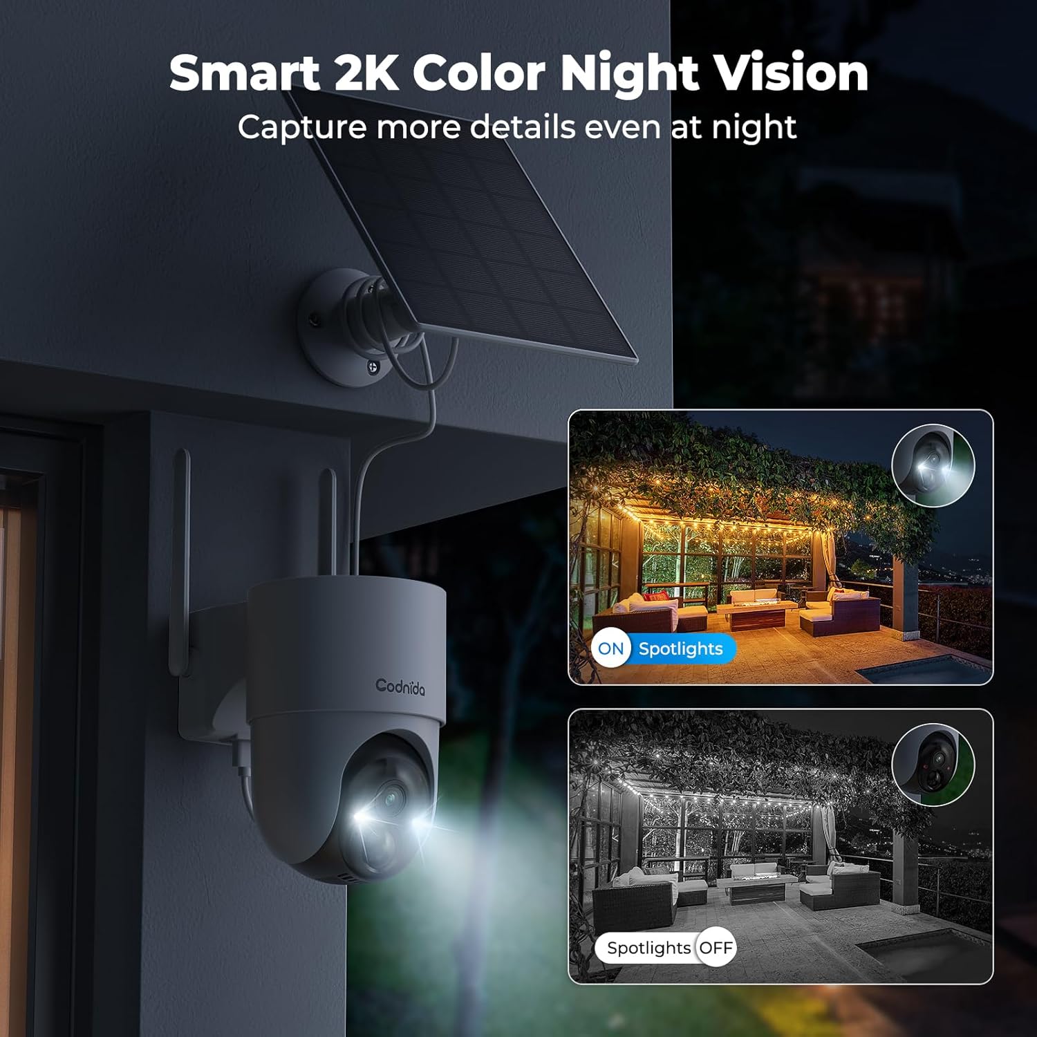 Comparison of night vision modes: one showing a dark patio with spotlights off (infrared), and another with spotlights on (color night vision).