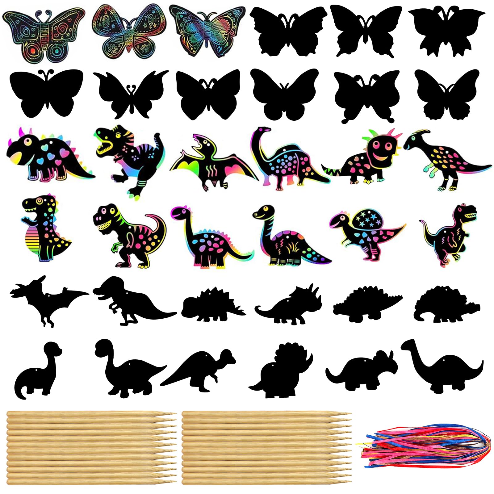 YFPOPONE 44 Pcs Scratch Pictures Set,Scratch Art for Kids,Rainbow Scratch Paper,Magic Scratch Cards for Kids with Ribbon and Bamboo Pen,Rainbow Scratch Paper for DIY Party Decoration(36 Patterns)
