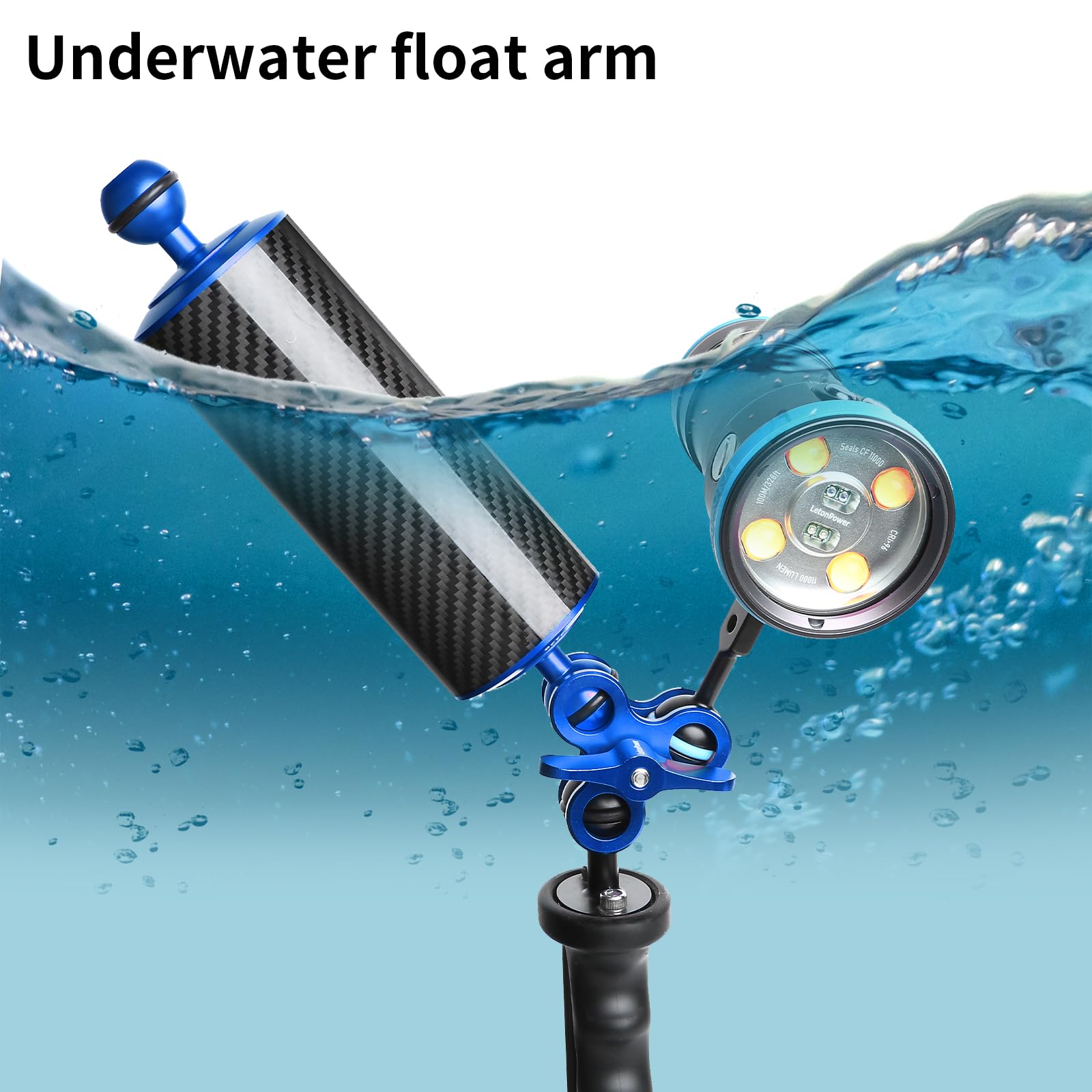8" Brazo Flotador Submarino de Fibra de Carbono, Brazo Acuático, Doble Brazo Flotador de 1'' con Bola de Flotación Sistema de Iluminación para Bandeja de Buceo Luz de Video/Strobe (2pack)