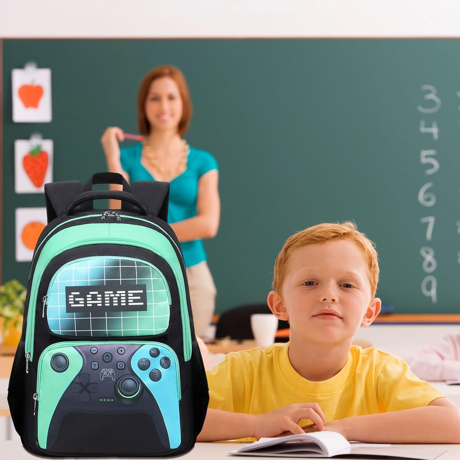 JIANYA Kids Backpack for School Boys, Gamer School Bag for Elementary Kids Children, Boys Backpack with Lunch Box, Green - Image 6