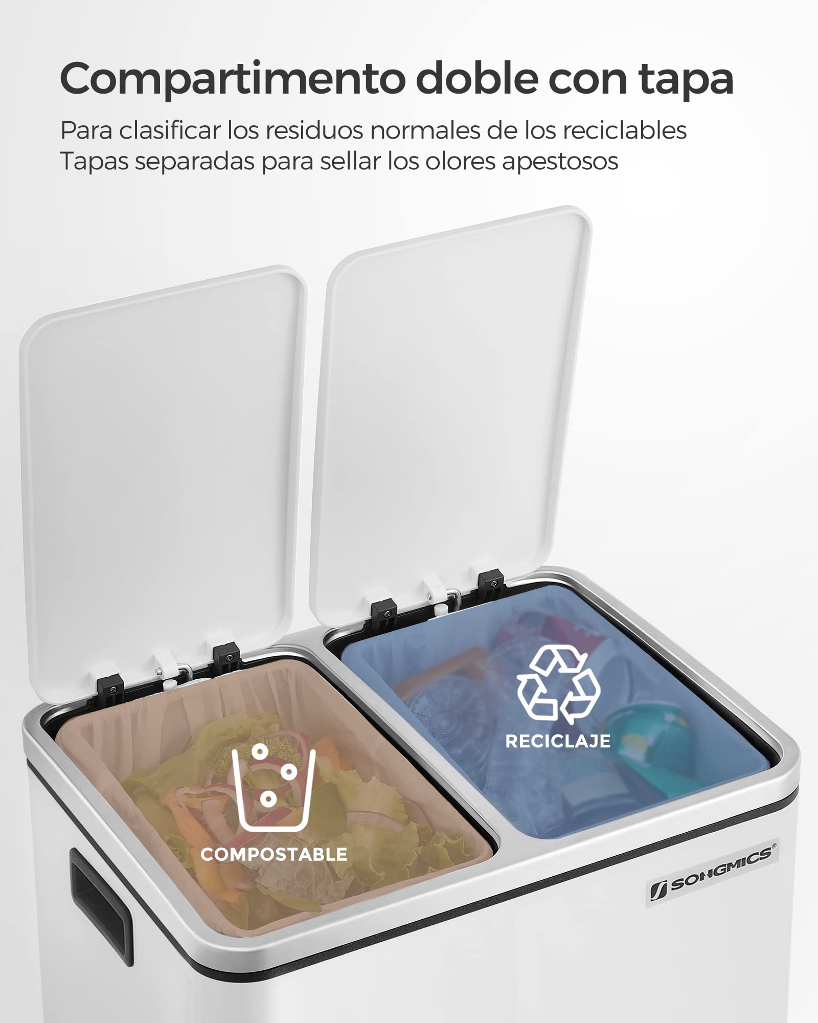 SONGMICS Cubo de Basura de Cocina, 2 x 15 L, Cubo con Cubeta Doble para Reciclaje y Residuos, con Pedal, Tapas de Cierre Suave, para Familias Pequeñas, Acero, Blanco Nube LTB30WT