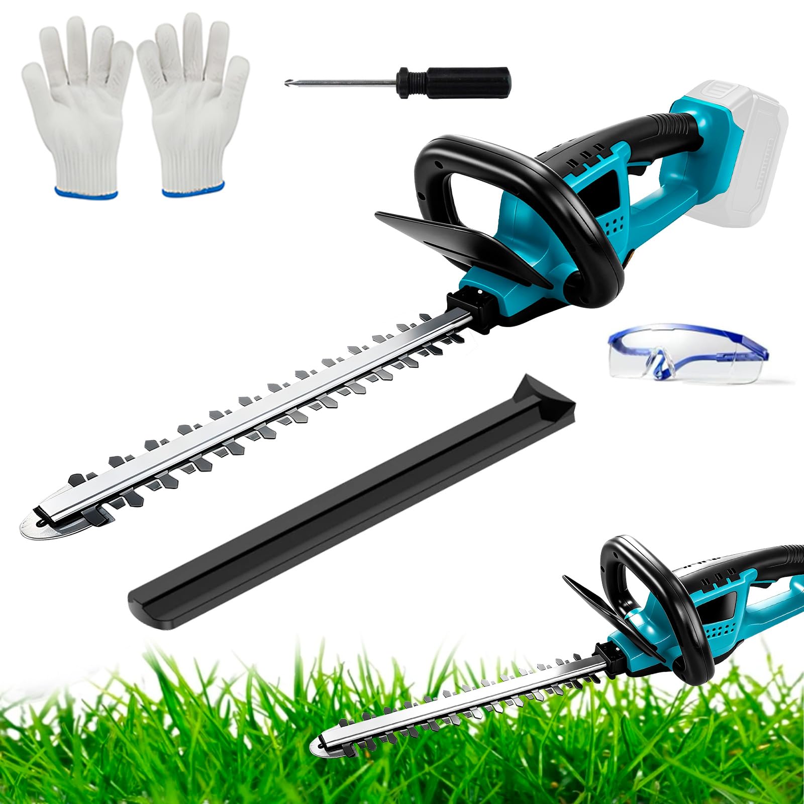 Akumulatorowe nożyce do żywopłotu kompatybilne z Makita 18 V, 550 W, bezszczotkowe elektryczne nożyce do żywopłotu, długość cięcia 52 cm, odstęp między zębami 16 mm, podwójne ostrza tnące (bez