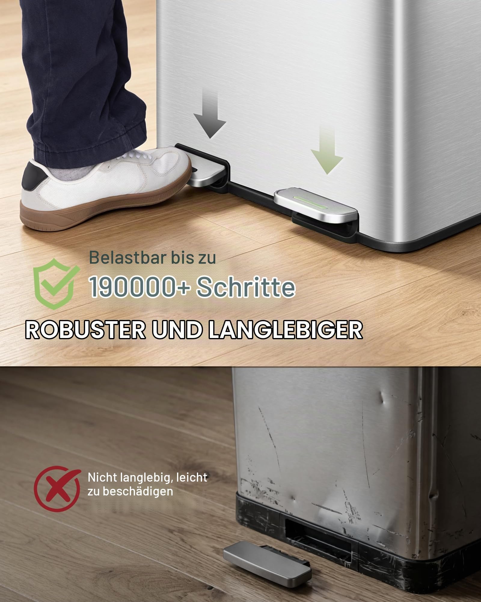 Hzuaneri Mülleimer Küche, 2 x 30 L, Mülltrennsystem 2 Fächer, Mülleimer mit Farbigem Soft-Close-Deckel und Pedal, Küchenabfalleimer mit Inneneimer, Stahl, inklusive 15 Müllbeuteln, Silber SW23199E
