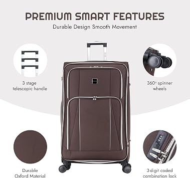 Skylark Large 29” Lightweight Softshell Expandable Suitcase, Integrated Combination Lock, 4 Wheels Check in Luggage for 23kg (Coffee, 112 litres)