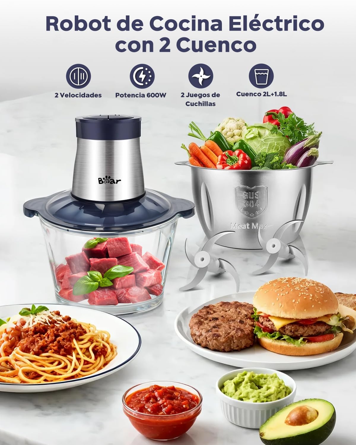 Bear 2L+1.8L Picadora eléctrica, 600 W 2 ajustes de velocidad, picadora con 4 cuchillas de acero inoxidable y picadora de carne, recipiente de cristal Picadora para carne, alimentos para niños