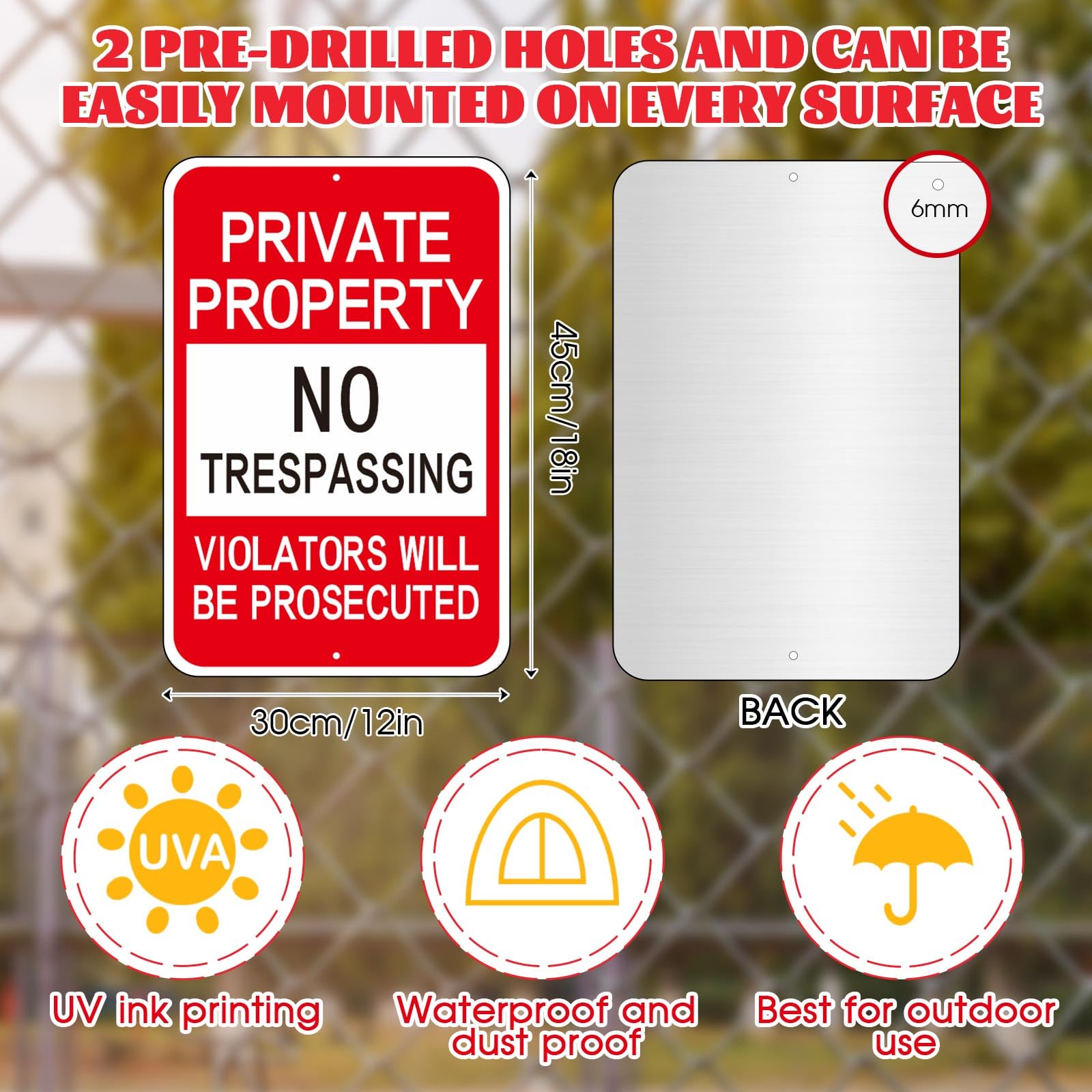 Amylove Paquete de 8 letreros grandes de propiedad privada con texto en inglés "No Trespassing", letreros de advertencia de aluminio para propiedad, resistentes a la intemperie, impermeables, para